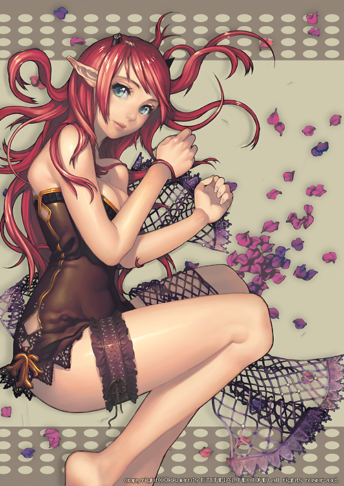 kkuem, copyright request, 1girl, barefoot, female focus, lingerie, long hair, made in 2005, nightgown, pointy ears, presumed creation date, red hair, solo, underwear