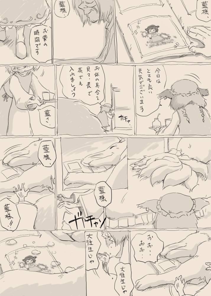 ohyo, chen, yakumo ran, yakumo ran (fox), touhou, photo (medium), translated, animal ears, cat ears, cat girl, comic, death, female focus, monochrome, old, old woman, photo (object), tears