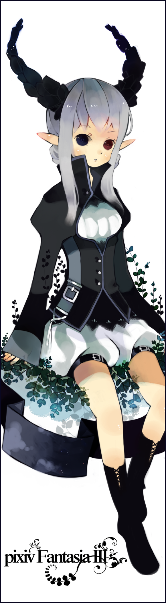 rinju umisu, sumisu (rinsumi), pixiv fantasia, pixiv fantasia 3, silver hair, bad id, bad pixiv id, highres, long image, tall image, 1girl, dress, female focus, gigandal federation, heterochromia, horns, long hair, pointy ears, solo