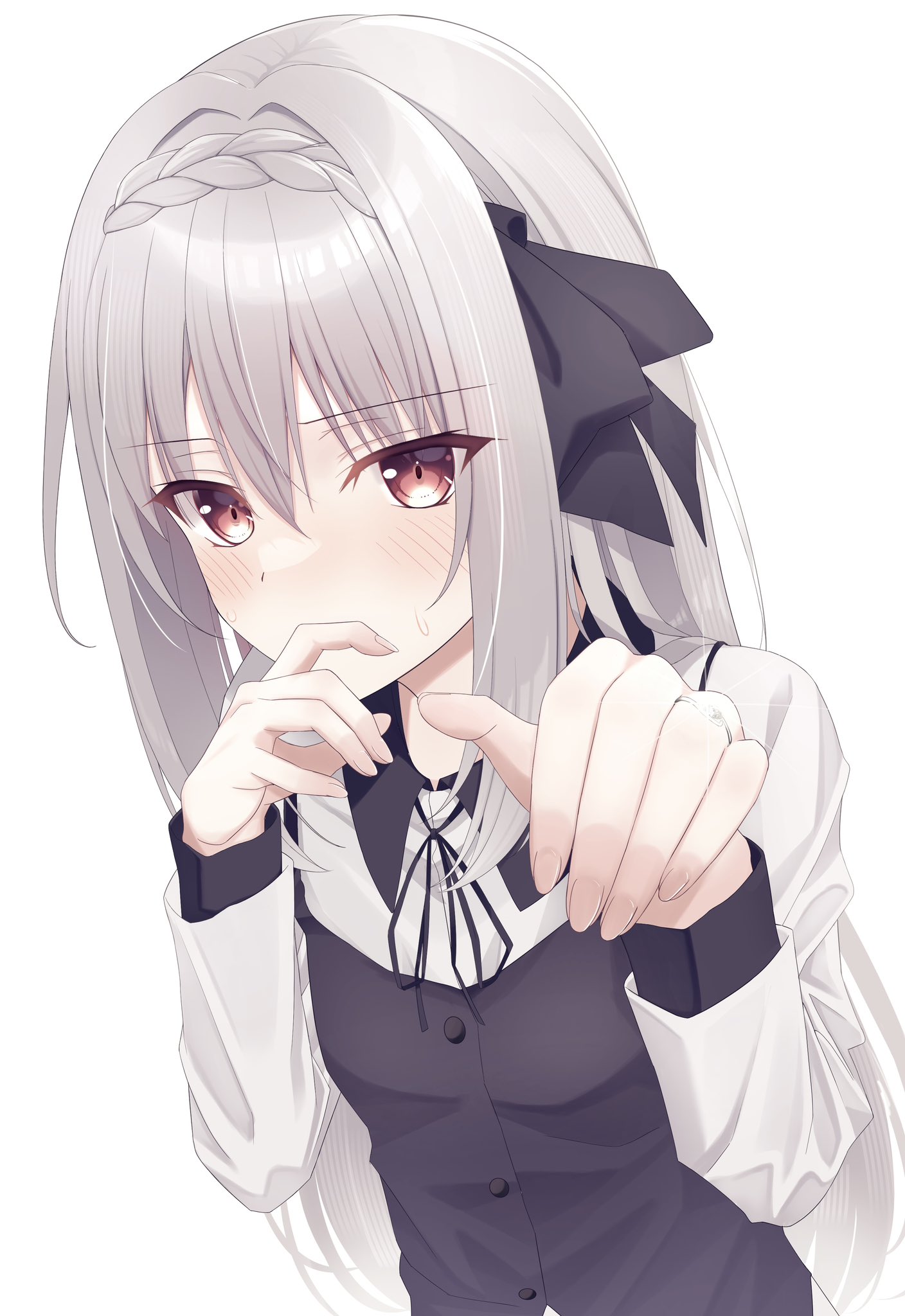 sakurakouji luna, tsuki ni yorisou otome no sahou, commentary request, highres, 1girl, black bow, black ribbon, black vest, blush, bow, braid, collared shirt, covering own mouth, crown braid, dutch angle, eyes visible through hair, grey hair, hair between eyes, hair bow, hair intakes, hair over shoulder, hands up, kimuratamashi, long hair, long sleeves, looking at viewer, neck ribbon, pov, red eyes, ribbon, shirt, sidelocks, simple background, solo, straight hair, upper body, very long hair, vest, white background, white shirt