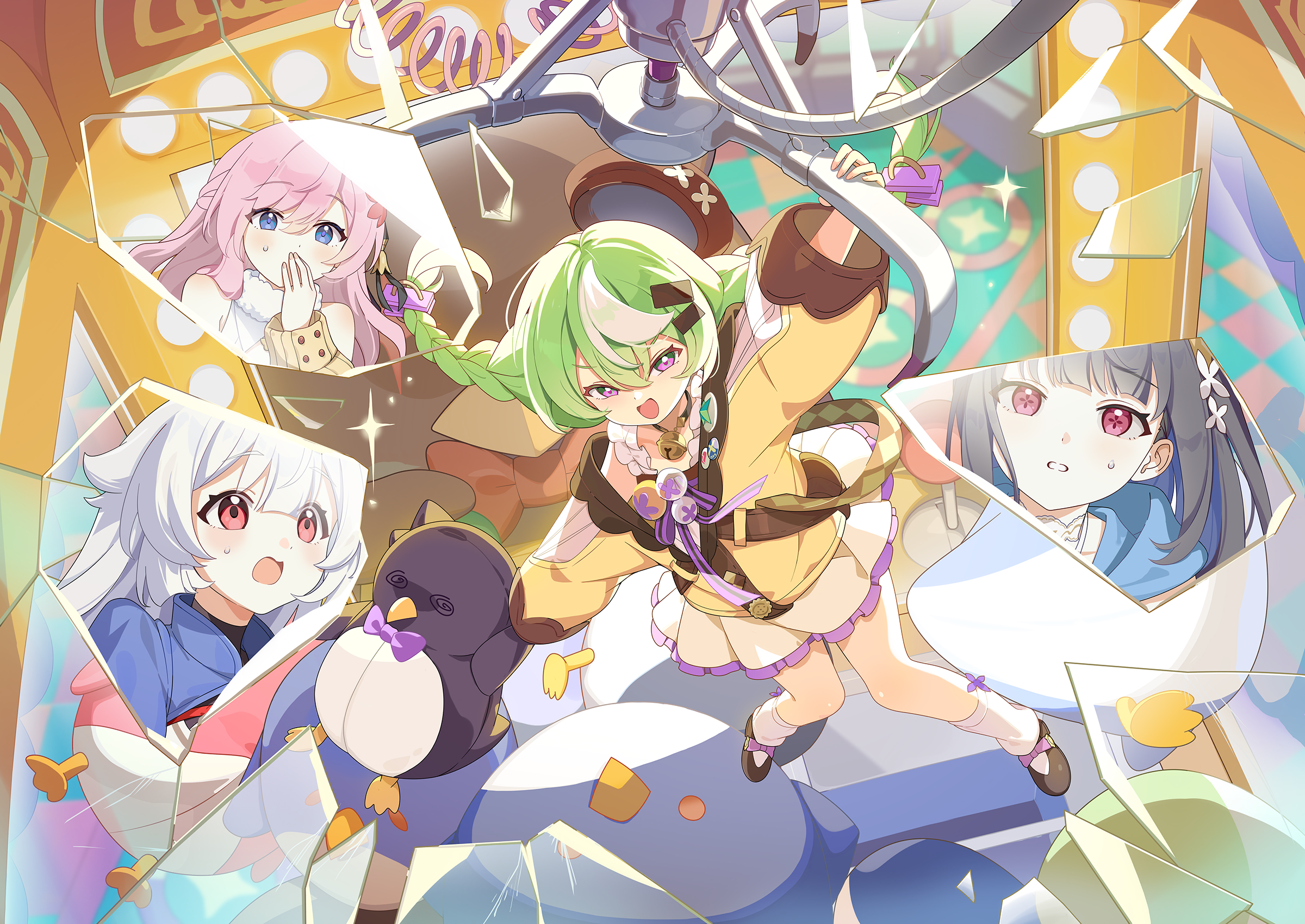 stella sora, character request, game cg, highres, non-web source, official art, 4girls, :d, bare shoulders, black hair, blue eyes, braid, broken glass, brown hat, clenched teeth, dress, floating hat, flower-shaped pupils, frilled dress, frills, fuyuka (stella sora), glass, hair flaps, half updo, hat, holding, holding stuffed toy, in crane game, jacket, kaede (stella sora), long hair, looking at viewer, low twin braids, multiple girls, nazuna (stella sora), open mouth, petal bloom (stella sora), pink hair, purple eyes, red eyes, sherlock (stella sora), sleeveless, sleeveless dress, smile, stuffed animal, stuffed penguin, stuffed toy, sweatdrop, symbol-shaped pupils, teeth, twin braids, white dress, white hair, yellow jacket