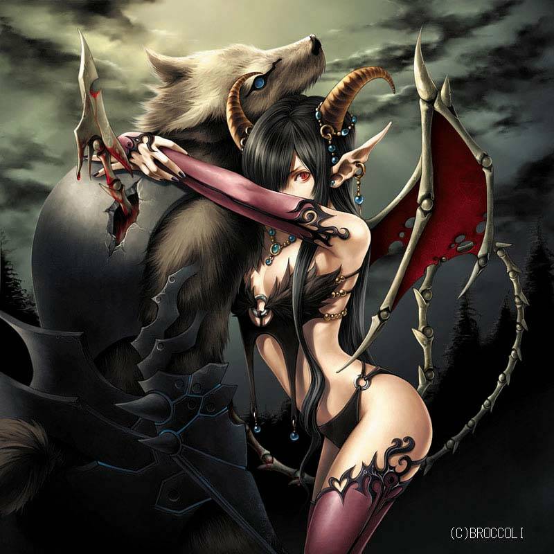 yuki hayabusa, dimension zero, blade, jpeg artifacts, 1girl, armor, black hair, blood, cuddling, death, demon, demon girl, detached sleeves, female focus, furry, furry male, gnoll, hair over one eye, horns, hug, impaled, jewelry, looking at viewer, panties, pointy ears, red eyes, sky, solo, tail, thighhighs, underwear, werewolf, wings, wolf