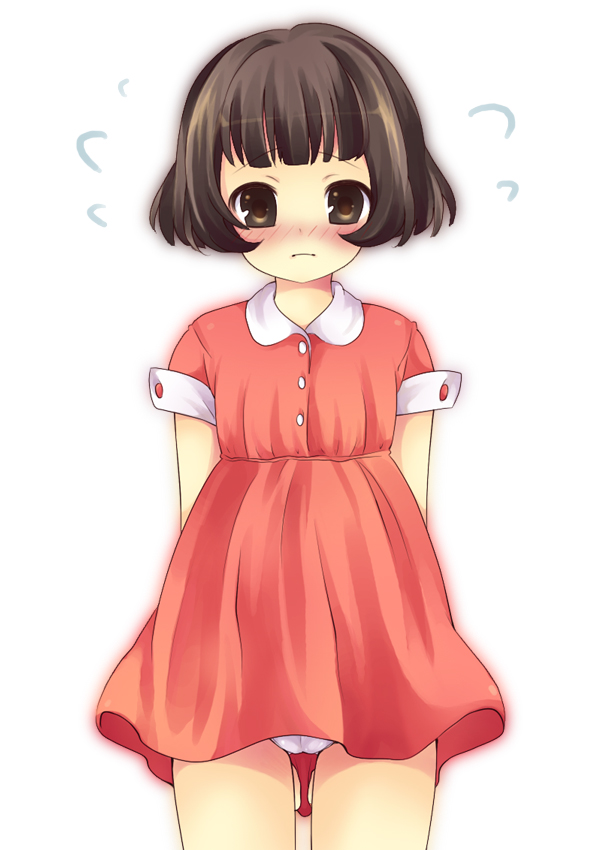 maki (natoriumu), maki (pixiv), isono wakame, sazae-san, bad id, bad pixiv id, 1girl, blunt bangs, blush, bob cut, brown eyes, brown hair, cameltoe, dress, female focus, loli, panties, pantyshot, short hair, shy, solo, underwear, white background