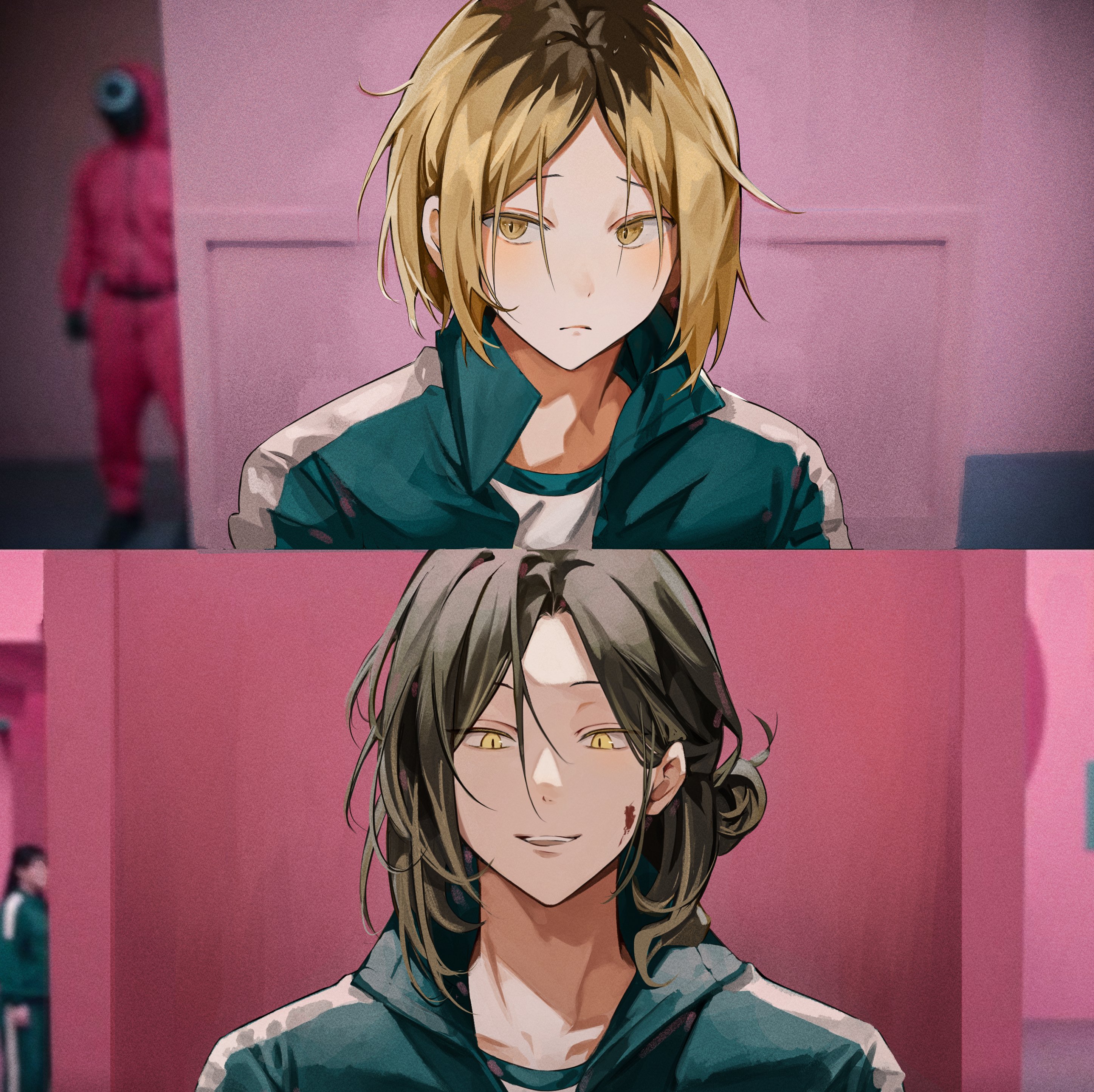myanya, kozume kenma, haikyuu!!, absurdres, commentary request, highres, korean commentary, 1boy, aged up, alternate hairstyle, before and after, blonde hair, blood, blood on face, closed mouth, green jacket, green track suit, jacket, looking at viewer, male focus, meme, multicolored hair, multiple views, photo background, slit pupils, teeth, track suit, two-tone hair, upper teeth only, year 1 & year 2 (squid game) (meme)
