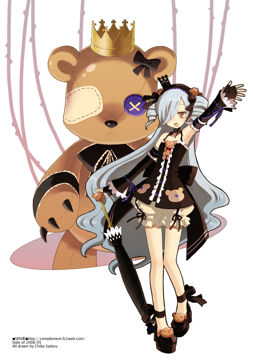chiba sadoru, sencha, original, silver hair, bad id, bad pixiv id, highres, 1girl, bloomers, closed umbrella, detached sleeves, drill hair, female focus, gloves, goth fashion, hair over one eye, long hair, planted, planted umbrella, solo, stuffed animal, stuffed toy, teddy bear, umbrella, underwear, very long hair, waving