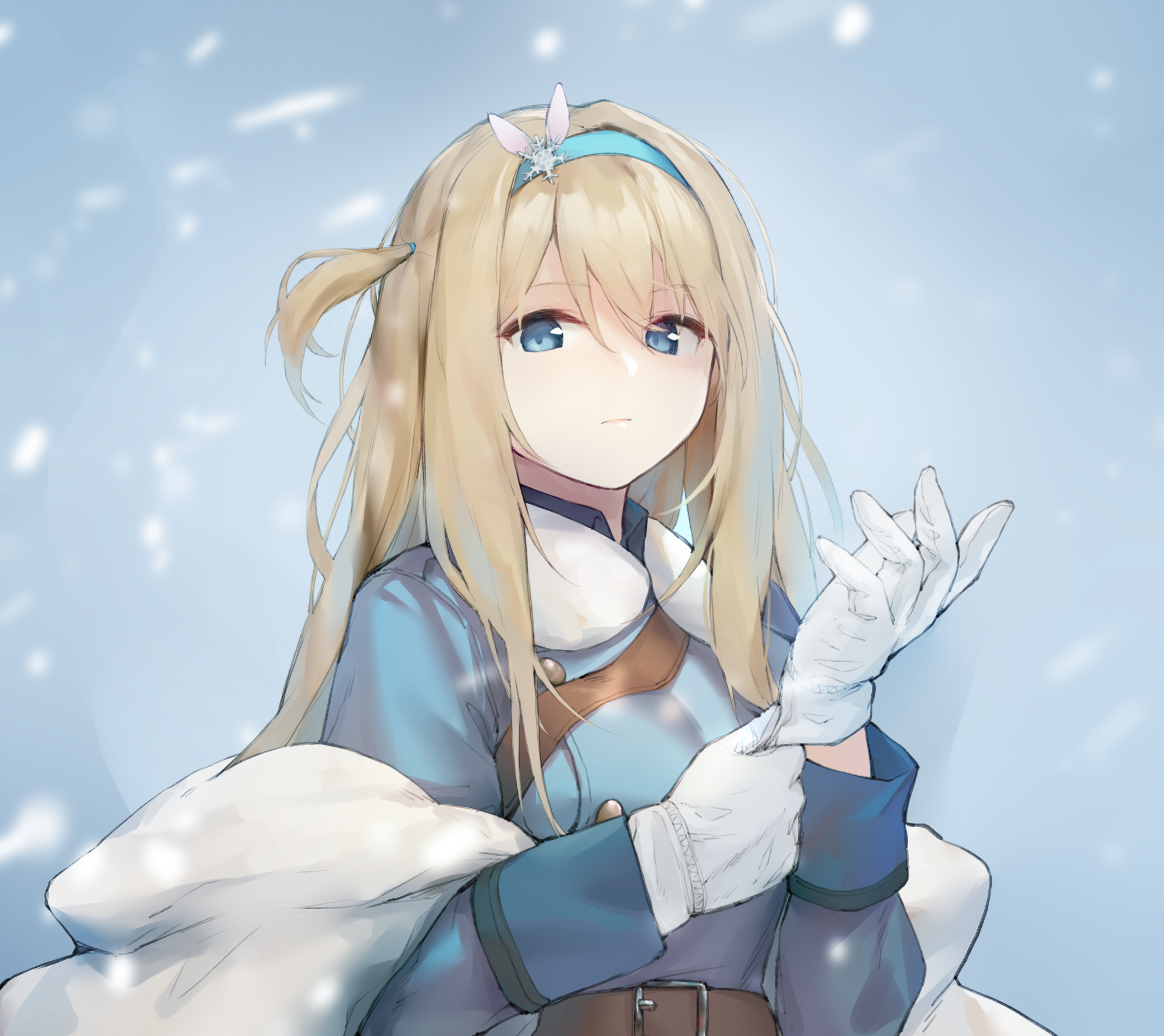 tai (e3d1p), suomi (girls' frontline), girls' frontline, highres, revision, 1girl, adjusting clothes, adjusting gloves, belt, blonde hair, blue eyes, breasts, brown belt, closed mouth, coat, collar, gloves, hair between eyes, hair ornament, hairband, long hair, long sleeves, looking at viewer, outdoors, sidelocks, simple background, snowflake hair ornament, snowflakes, snowing, solo, upper body, white gloves
