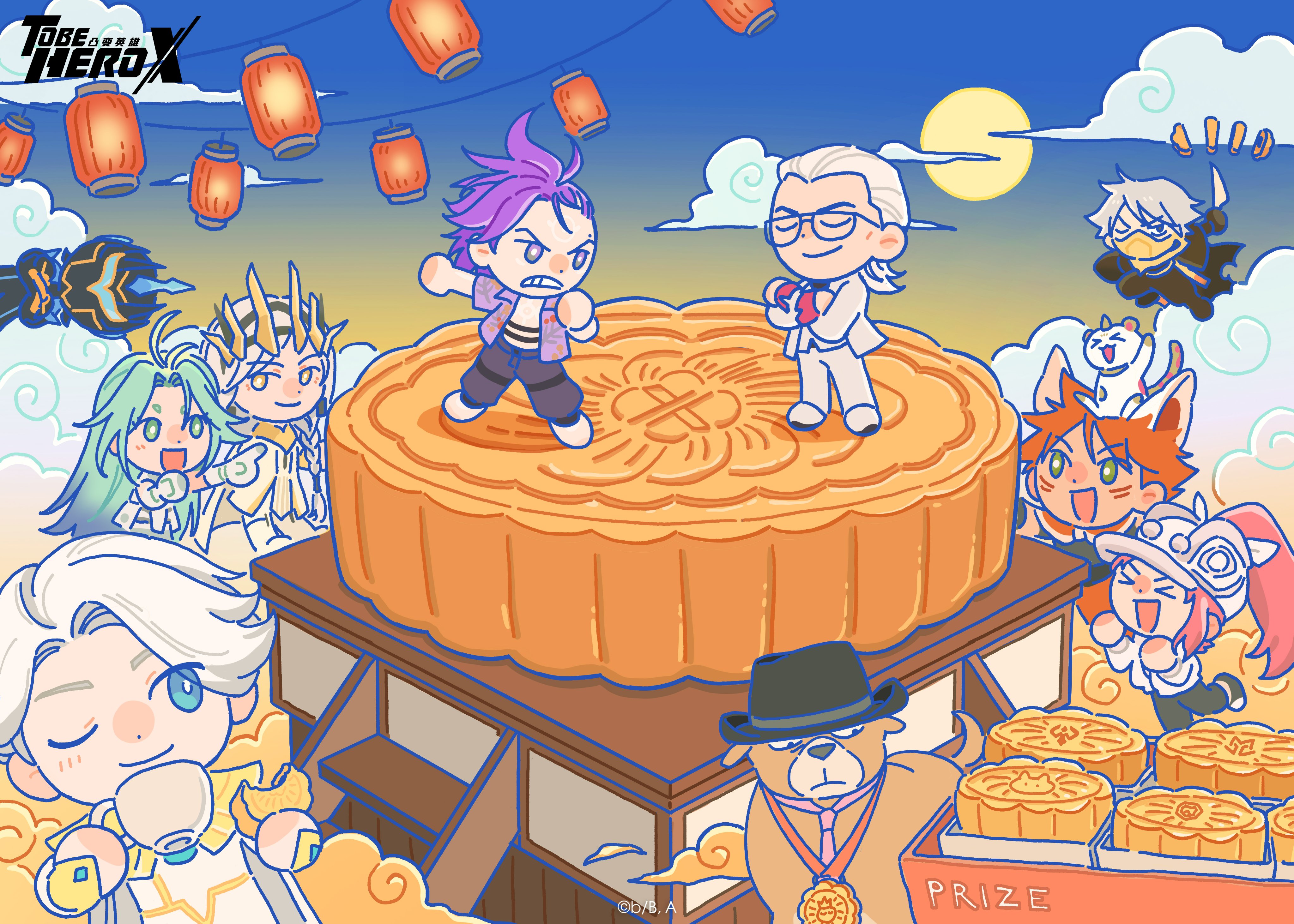 ahu (to be hero x), dragon boy (to be hero x), e-soul (to be hero x), ghostblade (to be hero x), loli (to be hero x), lucky cyan (to be hero x), nice (to be hero x), queen (to be hero x), x (to be hero x), to be hero, to be hero x, absurdres, chinese commentary, commentary request, highres, official art, promotional art, > <, 1other, 3girls, 5boys, ahoge, angry, animal, animal ears, animal on head, armor, big johnny (to be hero x), black jacket, blue hair, chibi, chibi only, clenched hand, closed eyes, cloud, cloudy sky, crossed arms, crown, cup, day, dog, eating, elbow gloves, everyone, fedora, fox ears, full body, glasses, gloves, grin, hair slicked back, hat, helmet, high ponytail, holding, holding cup, jacket, jumping, kemonomimi mode, lantern, little johnny (to be hero x), looking at another, mask, medal, mohawk, mooncake, mullet, multiple boys, multiple expressions, multiple girls, necktie, on head, one eye closed, open mouth, orange hair, oversized object, paper lantern, pink hair, pink necktie, pointing, ponytail, purple hair, purple shirt, shirt, sidelocks, sky, smile, smirk, standing, sun, white gloves, white hair