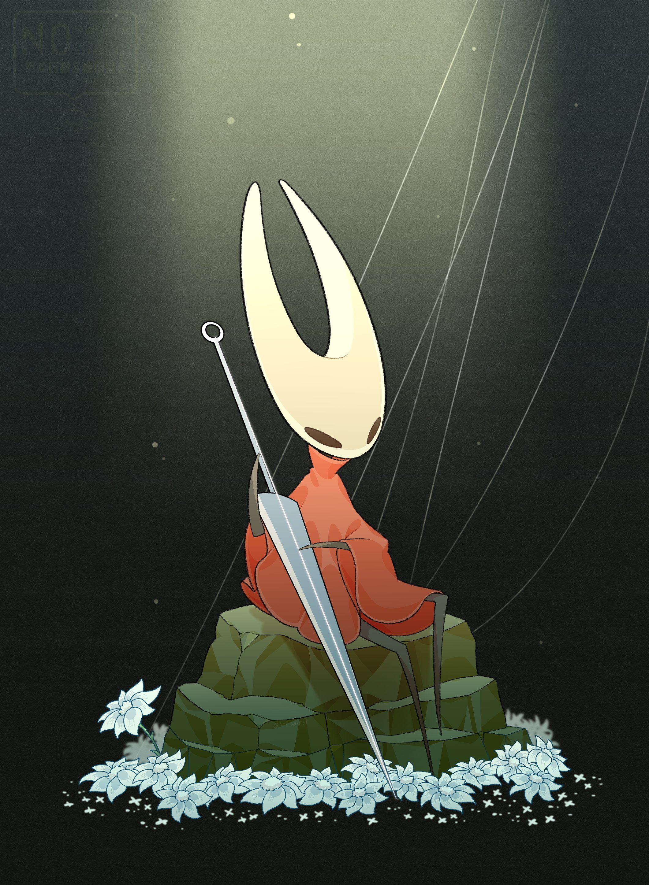 kujiramaru, hornet (hollow knight), hollow knight, hollow knight: silksong, absurdres, highres, 1girl, arthropod girl, black eyes, black skin, cloak, colored skin, flower, full body, holding, hollow eyes, horned mask, horns, mask, needolin (hollow knight), red cloak, rock, silk, sitting, solo, weapon, white flower, white mask