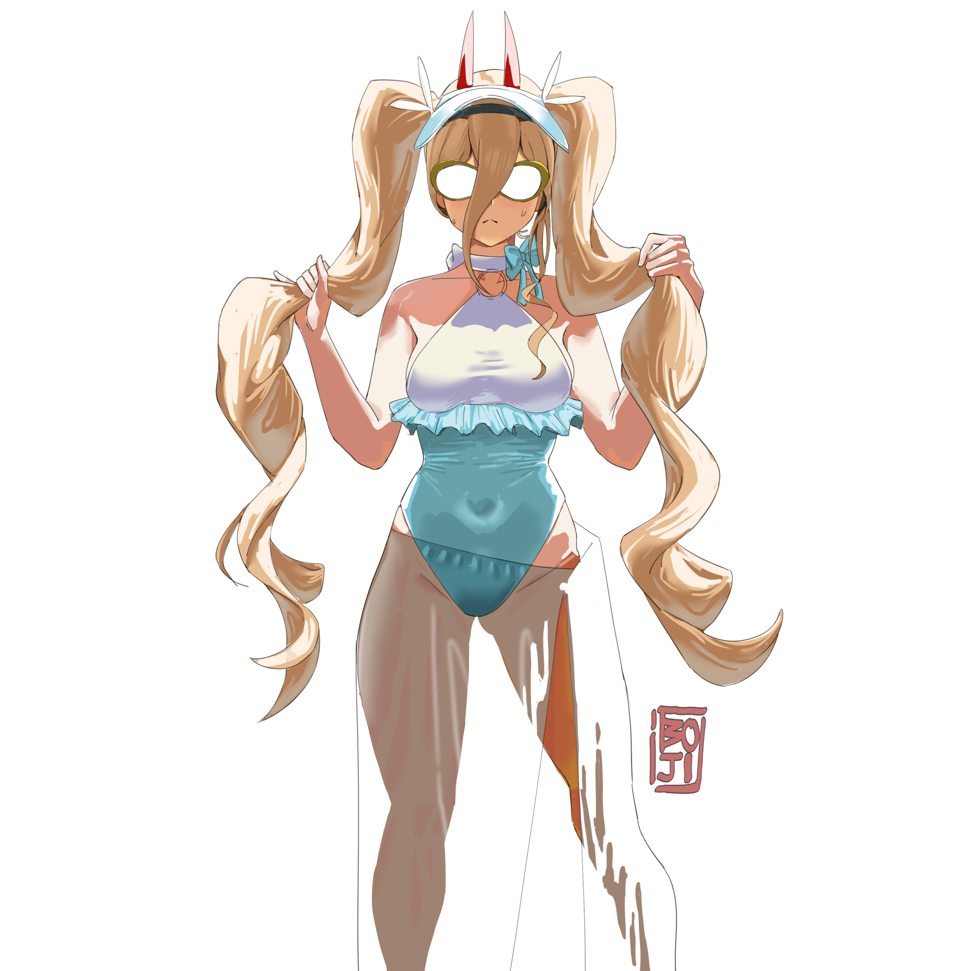 boji norn, power (chainsaw man), chainsaw man, highres, 1girl, blonde hair, blue one-piece swimsuit, breasts, closed mouth, demon girl, demon horns, glasses, grabbing own hair, highleg, highleg one-piece swimsuit, holding, holding own hair, horns, long hair, medium breasts, one-piece swimsuit, red horns, sarong, see-through clothes, see-through sarong, simple background, solo, sweat, swimsuit, twintails, two-tone one-piece swimsuit, visor cap, white background, white one-piece swimsuit