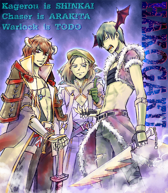 arakita yasutomo, shinkai hayato, stalker (ragnarok online), toudou jinpachi, warlock (ragnarok online), ragnarok online, yowamushi pedal, commentary request, 3boys, akasina, armor, black gloves, black hair, black pants, black shirt, blue eyes, brown eyes, brown hair, brown horns, cape, character name, closed mouth, coat, cosplay, cowboy shot, crop top, dagger, demon wings, fingerless gloves, fur-trimmed cape, fur-trimmed jacket, fur trim, gauntlets, gloves, grey coat, grey gloves, grey pants, head wings, holding, holding dagger, holding knife, holding weapon, horns, jacket, japanese armor, kagerou (ragnarok online), kagerou (ragnarok online) (cosplay), knife, kote, kurokote, looking at viewer, male focus, multiple boys, open clothes, open jacket, open mouth, pants, purple background, purple cape, purple jacket, red wings, shirt, short hair, short sleeves, smile, stalker (ragnarok online) (cosplay), standing, waist cape, warlock (ragnarok online) (cosplay), weapon, white shirt, wings