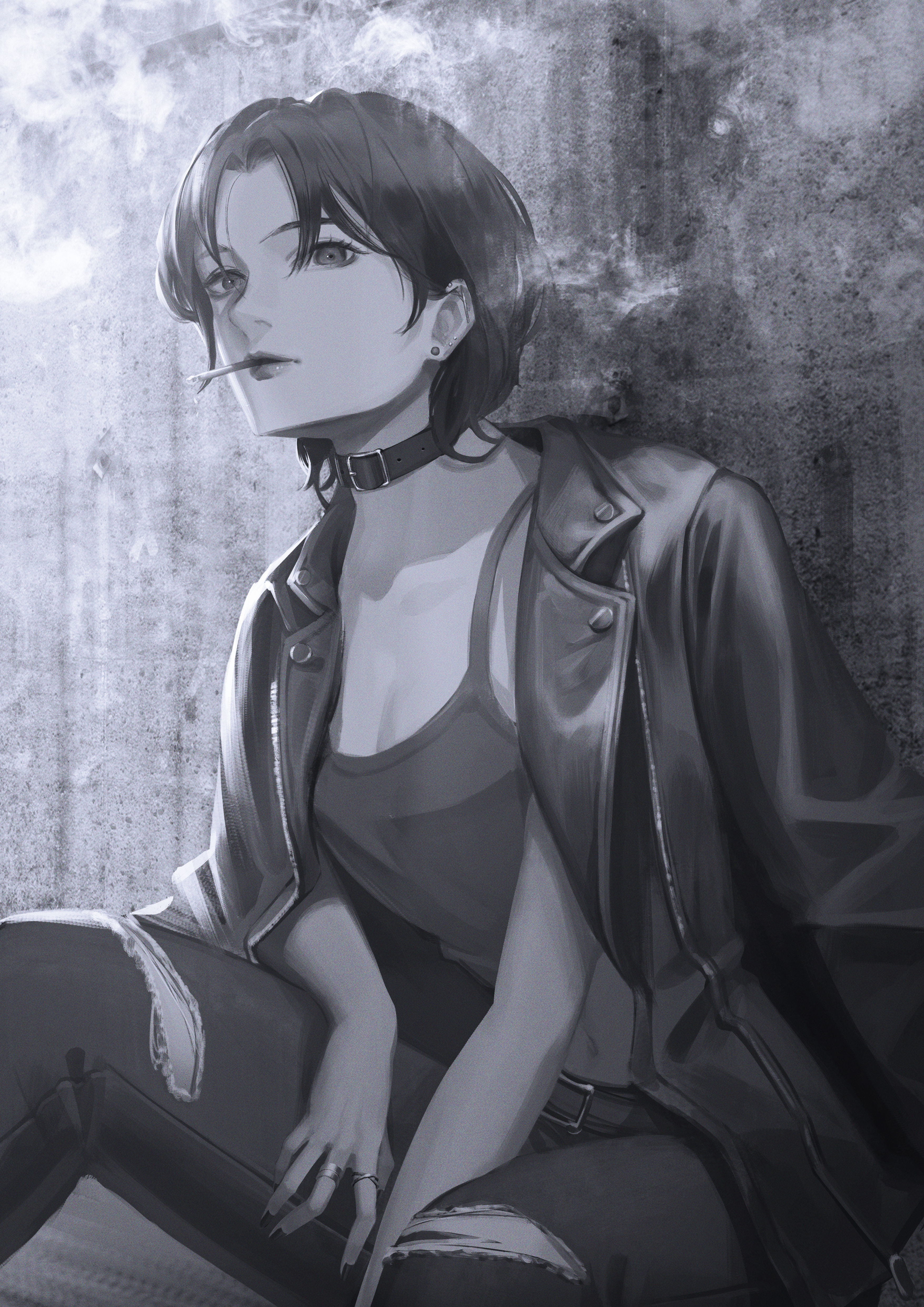 doloyume, original, absurdres, commentary, english commentary, highres, 1girl, against wall, barbell piercing, belt, belt collar, breasts, cleavage, collar, crop top, curtained hair, denim, ear piercing, earrings, eyelashes, feet out of frame, greyscale, industrial piercing, jacket, jacket on shoulders, jeans, jewelry, leather, leather jacket, looking at viewer, medium breasts, monochrome, mouth hold, multiple rings, navel, pants, parted bangs, parted lips, piercing, ring, short hair, sitting, smoke, smoking, solo, stud earrings, tank top, torn clothes, torn pants