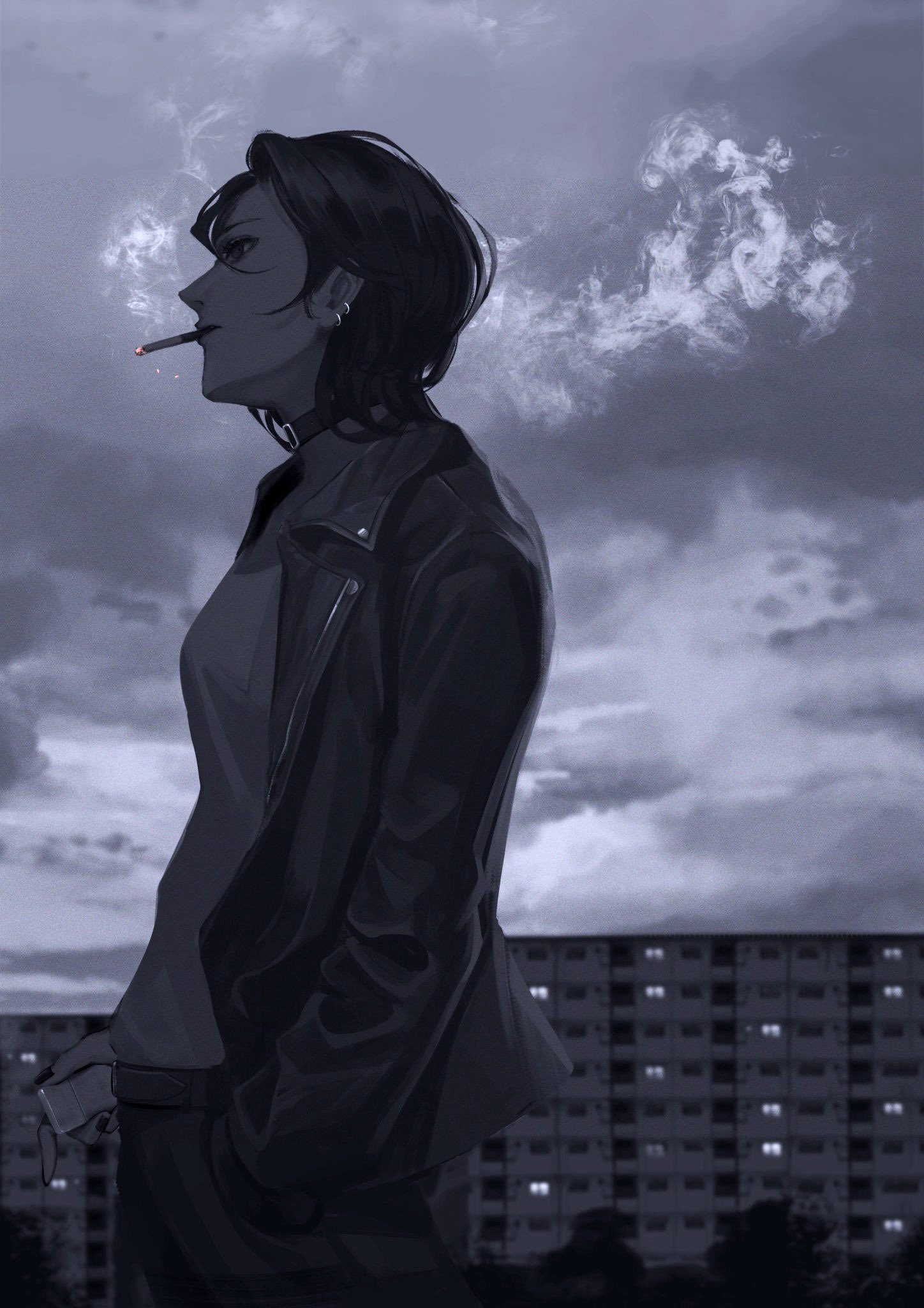 doloyume, original, commentary, english commentary, highres, 1girl, apartment, arms at sides, belt, belt collar, blurry, blurry background, breasts, building, cloud, cloudy sky, collar, cowboy shot, depth of field, earrings, from side, greyscale, hand in pocket, holding, holding lighter, jacket, jewelry, leather, leather jacket, lighter, long sleeves, medium breasts, monochrome, mouth hold, outdoors, pants, parted lips, profile, shirt, short hair, sky, smoke, smoke trail, smoking, solo, spot color, standing