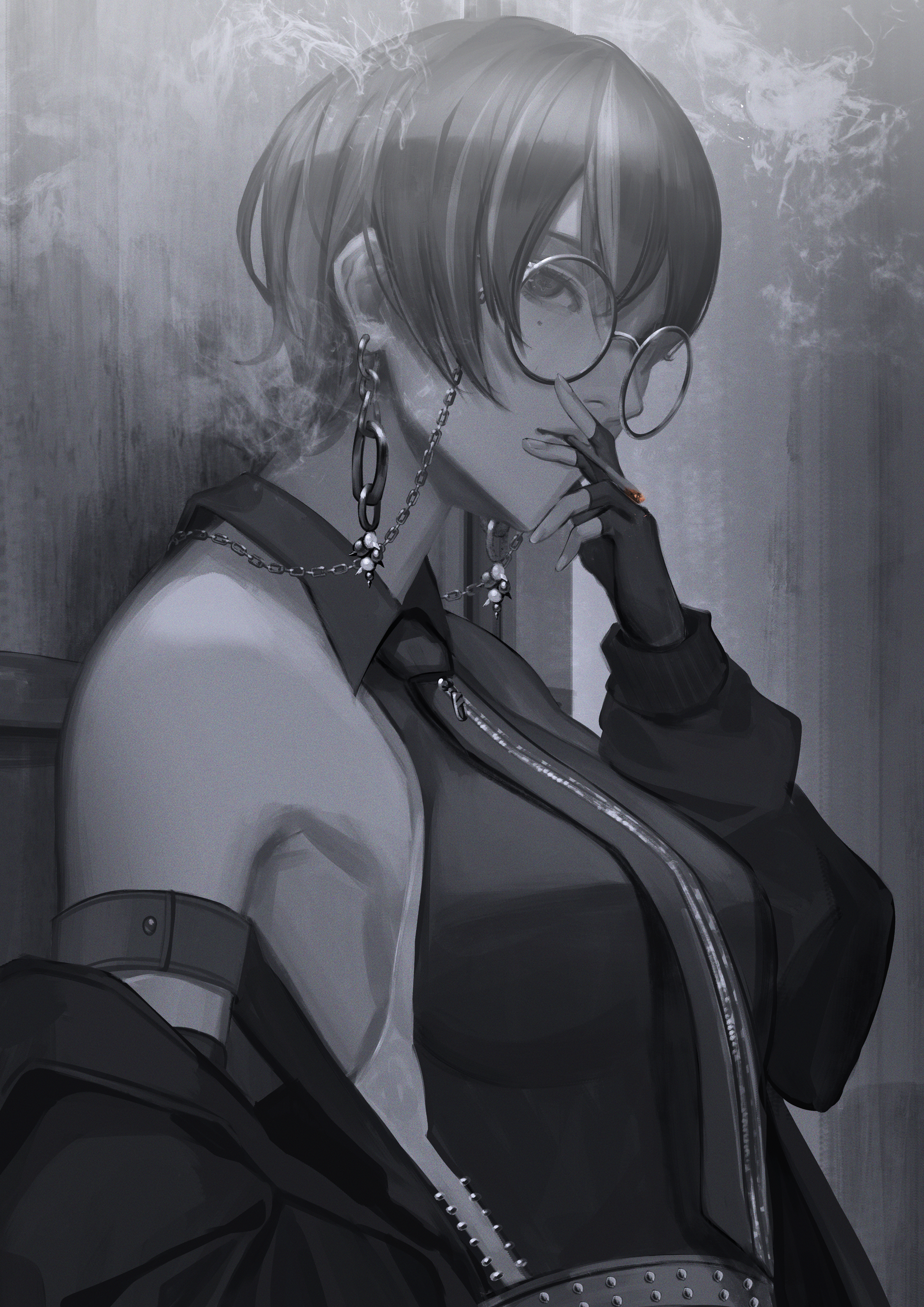 doloyume, original, absurdres, commentary request, commission, highres, pixiv commission, 1girl, against wall, arm belt, bare shoulders, belt, breasts, chain, chain earrings, cigarette, collared shirt, eyewear strap, glasses, greyscale, holding, holding cigarette, jacket, jacket partially removed, large breasts, looking at viewer, looking to the side, mole, mole under eye, monochrome, necktie, parted lips, profile, round eyewear, shirt, short hair, sleeveless, sleeveless shirt, smoke, smoking, solo, spot color, studded belt, upper body, zipper