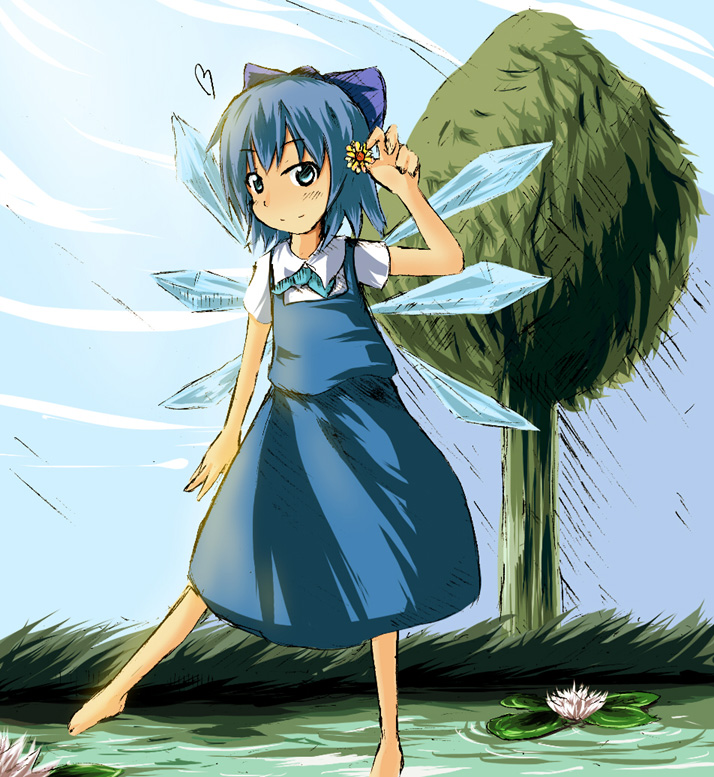 tetsuji, cirno, phantasmagoria of flower view, touhou, 1girl, barefoot, blue eyes, blue hair, dress, female focus, flower, heart, matching hair/eyes, nature, plant, sky, solo, tree, wings