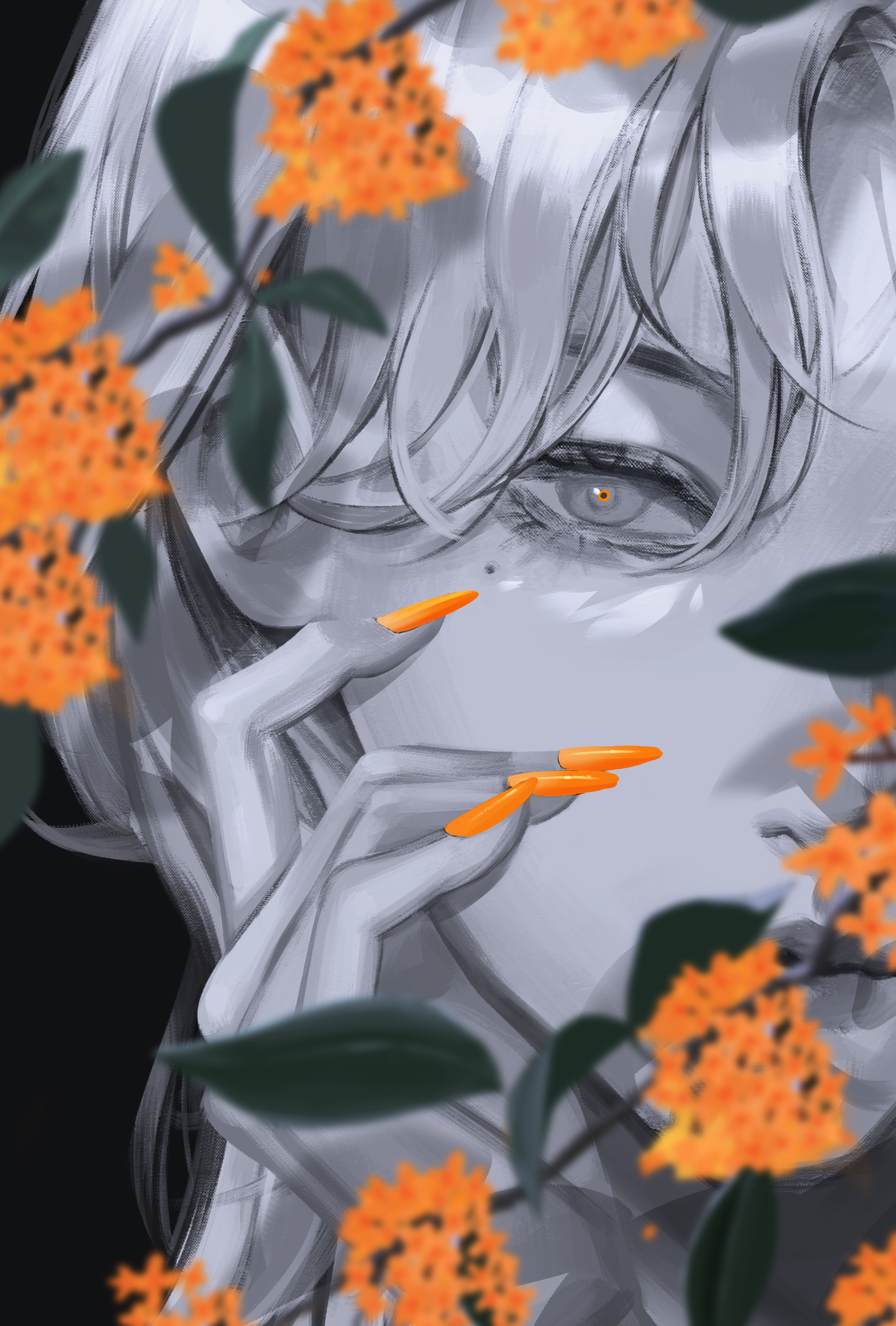 doloyume, original, absurdres, commentary, highres, 1girl, branch, closed mouth, fingernails, flower, gold osmanthus, leaf, long fingernails, looking at viewer, medium hair, mole, mole under eye, orange flower, orange nails, portrait, solo, spot color