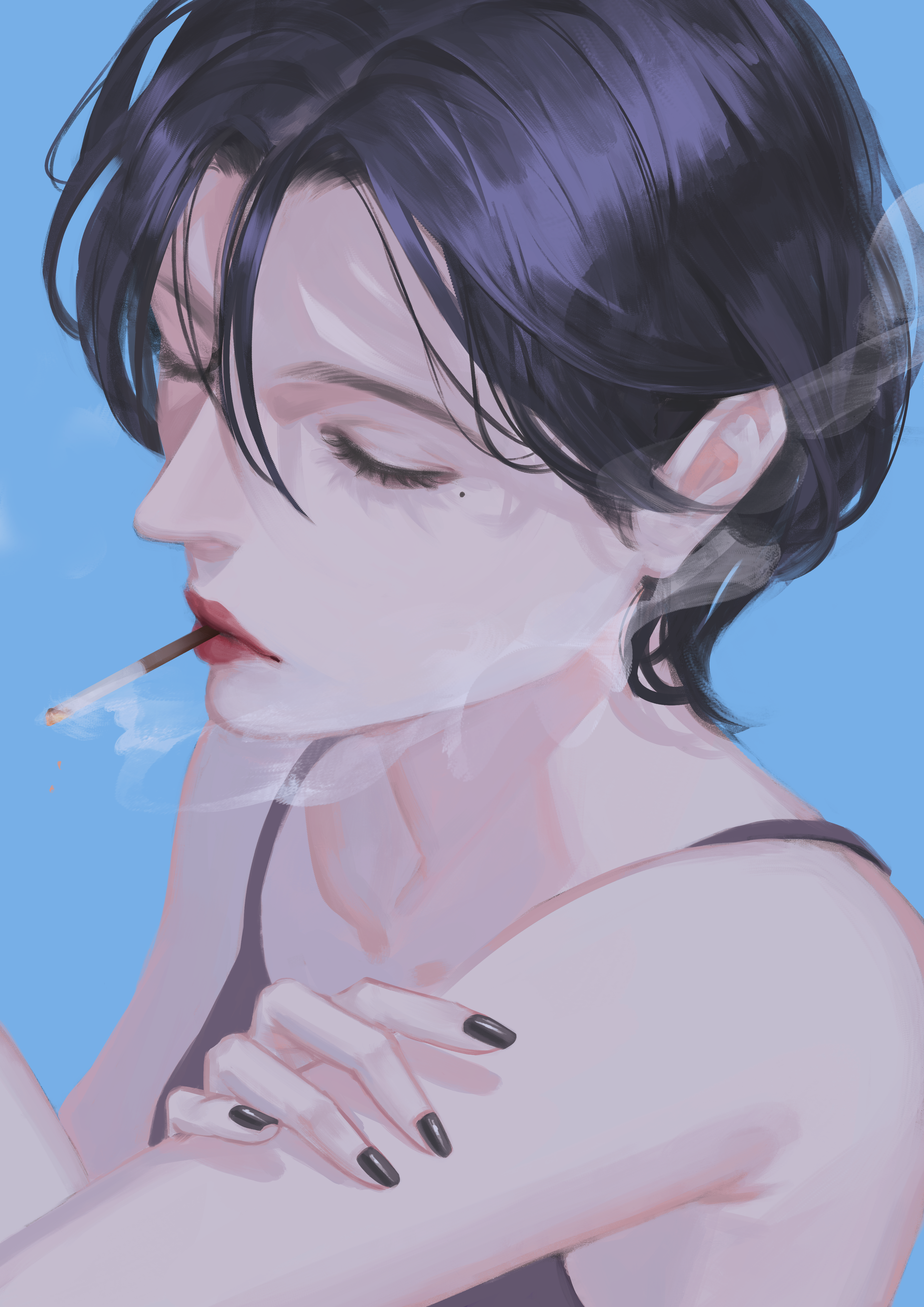 doloyume, original, absurdres, commentary request, highres, 1girl, black hair, black nails, black tank top, blue background, closed eyes, closed mouth, curtained hair, fingernails, hand on own arm, lipstick, makeup, mole, mole under eye, mouth hold, nose, red lips, short hair, simple background, smoke, smoke trail, smoking, solo, tank top, upper body