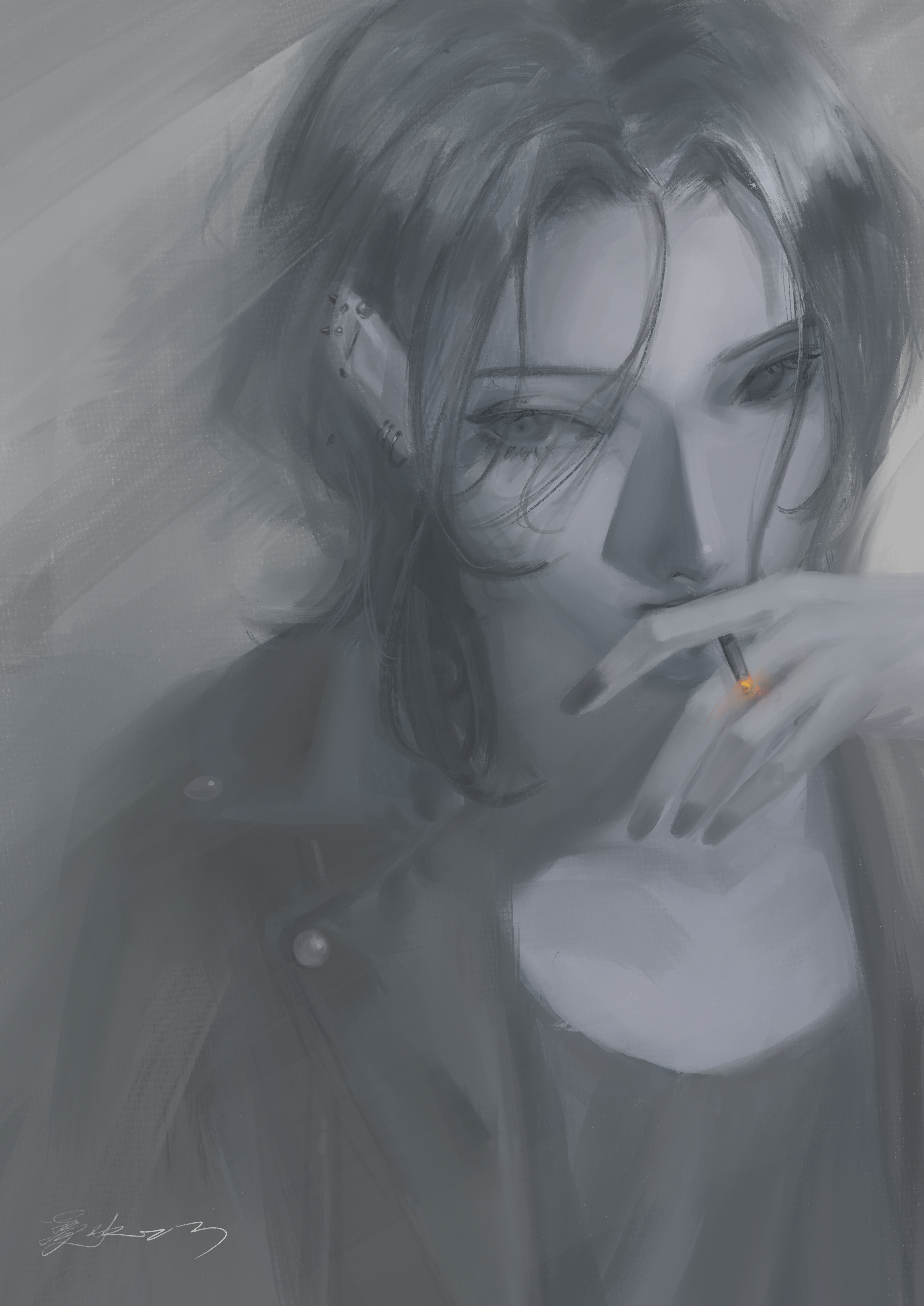 doloyume, original, absurdres, commentary, highres, 1girl, barbell piercing, cigarette, curtained hair, ear piercing, earrings, eyelashes, greyscale, hand up, holding, holding cigarette, industrial piercing, jacket, jewelry, lapels, monochrome, piercing, shirt, short hair, signature, smoking, solo, spot color, upper body