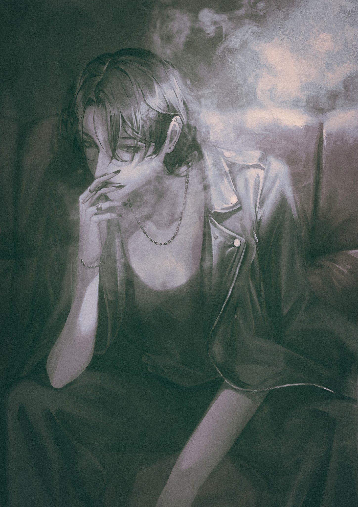 doloyume, original, commentary request, highres, 1girl, barbell piercing, between legs, bracelet, chain, chain necklace, cigarette, collarbone, couch, curtained hair, ear piercing, earrings, eyelashes, feet out of frame, hand between legs, hand up, holding, holding cigarette, industrial piercing, jacket, jacket on shoulders, jewelry, leather, leather jacket, limited palette, multiple rings, necklace, on couch, pants, parted bangs, piercing, ring, shirt, short hair, smoke, smoke trail, smoking, solo, stud earrings