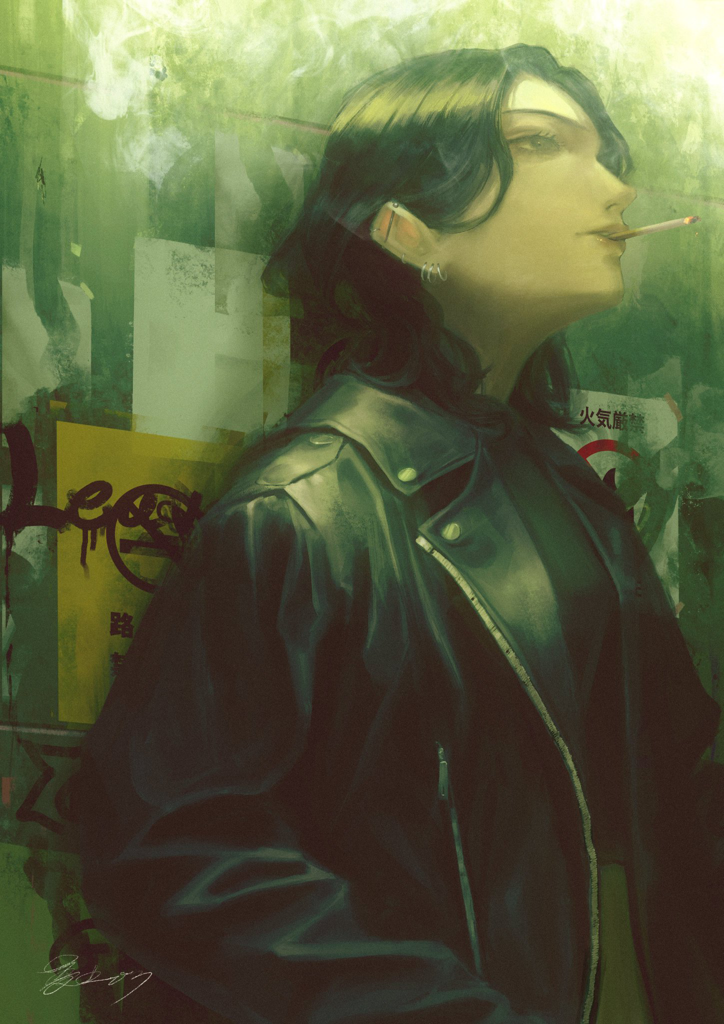doloyume, original, commentary, english commentary, highres, 1girl, barbell piercing, black hair, black jacket, black shirt, breasts, cigarette, ear piercing, earrings, graffiti, industrial piercing, jacket, jewelry, leather, leather jacket, long sleeves, medium breasts, mouth hold, multiple earrings, no smoking, piercing, profile, shirt, signature, smoke, smoke trail, smoking, solo, unzipped, upper body, urban, wolf cut, zipper