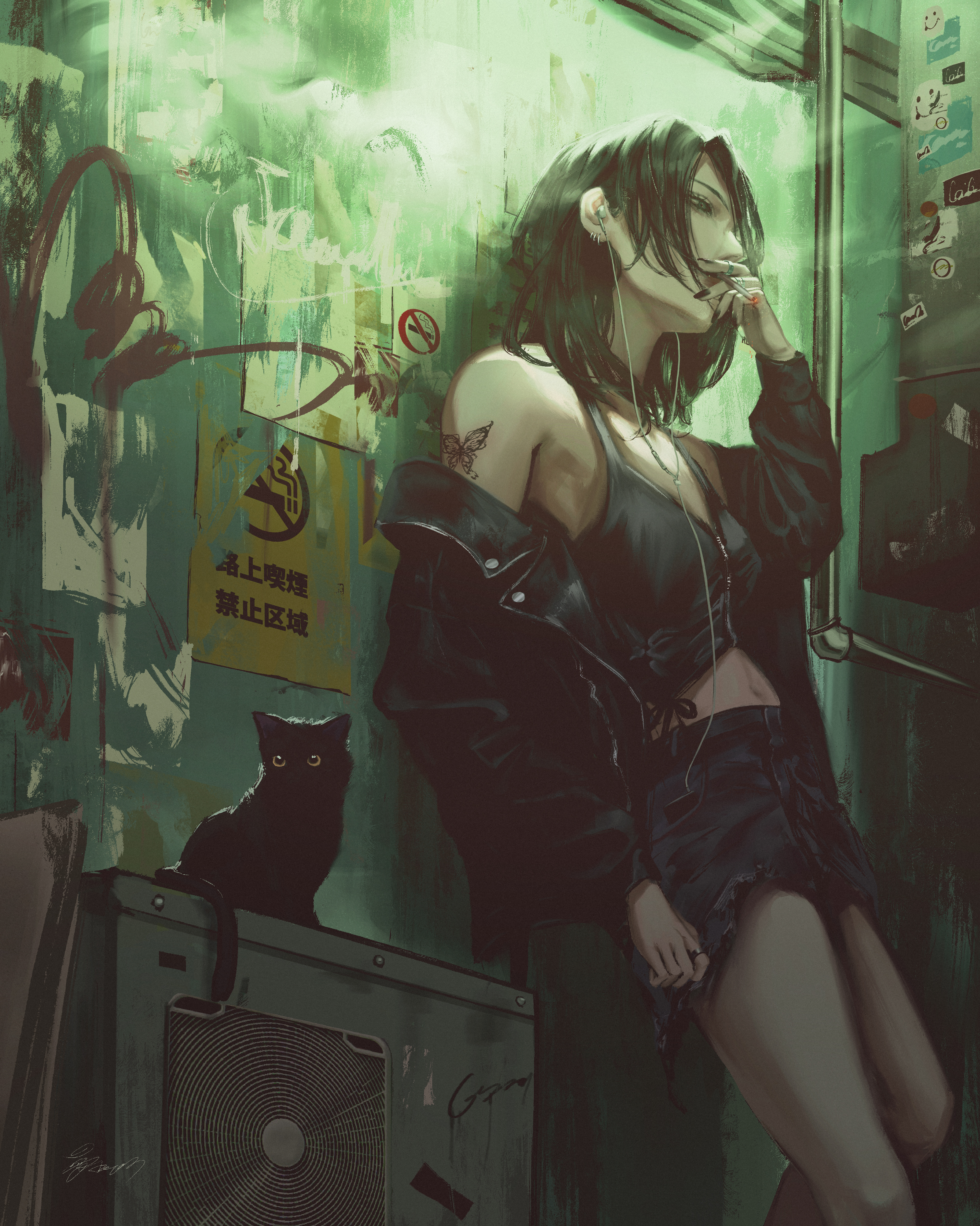 doloyume, original, absurdres, highres, 1girl, against wall, arm at side, bare shoulders, black camisole, black cat, black eyes, black hair, black jacket, black nails, black shorts, camisole, cat, condenser unit, earphones, earrings, feet out of frame, fingernails, graffiti, hand up, industrial pipe, jacket, jacket partially removed, jewelry, leather, leather jacket, medium hair, multiple earrings, nail polish, navel, no smoking, ring, shorts, signature, smoking, solo, standing, torn clothes, torn shorts, urban, zipper