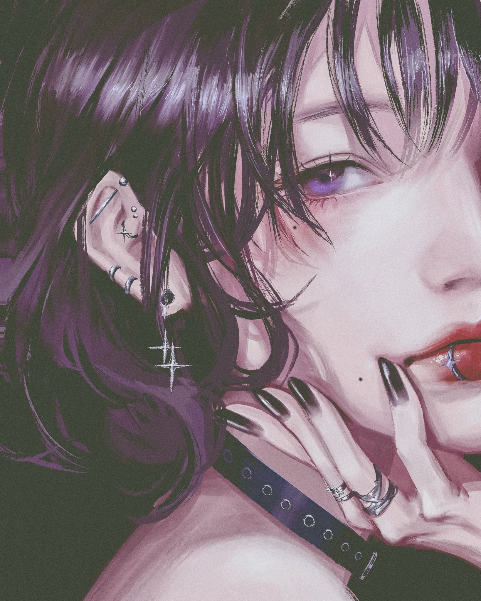 doloyume, original, commentary, highres, procreate (medium), 1girl, barbell piercing, black collar, black hair, black nails, collar, ear piercing, earlobe stretcher, eyelashes, face piercing, from side, hand on own chin, industrial piercing, jewelry, lip piercing, lip ring, lipstick, looking at viewer, makeup, mole, mole on cheek, mole under eye, multiple rings, nose, parted lips, piercing, portrait, purple eyes, red lips, ring, short hair, solo