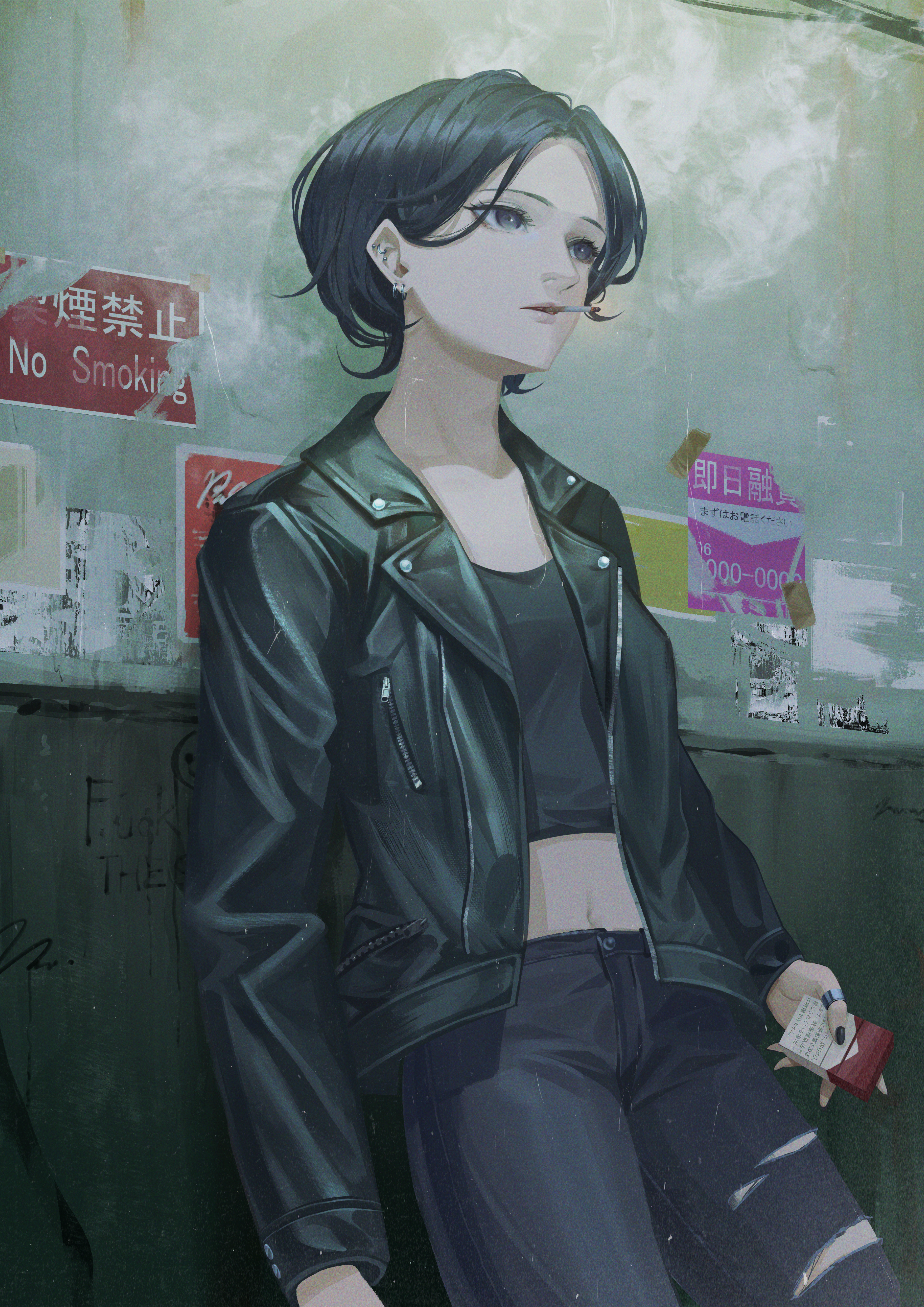 doloyume, original, absurdres, commentary, english commentary, highres, 1girl, against wall, arms at sides, black hair, black jacket, black nails, black pants, black shirt, cigarette pack, cowboy shot, crop top, ear piercing, earrings, eyelashes, grey eyes, holding, holding cigarette pack, jacket, jewelry, leaning back, leather, leather jacket, long sleeves, midriff, mouth hold, multiple earrings, navel, no smoking, open clothes, open jacket, pants, parted bangs, parted lips, piercing, pocket, poster (object), profanity, ring, shirt, short hair, smoke, smoke trail, smoking, solo, thumb ring, torn clothes, torn pants, unzipped, zipper, zipper pull tab