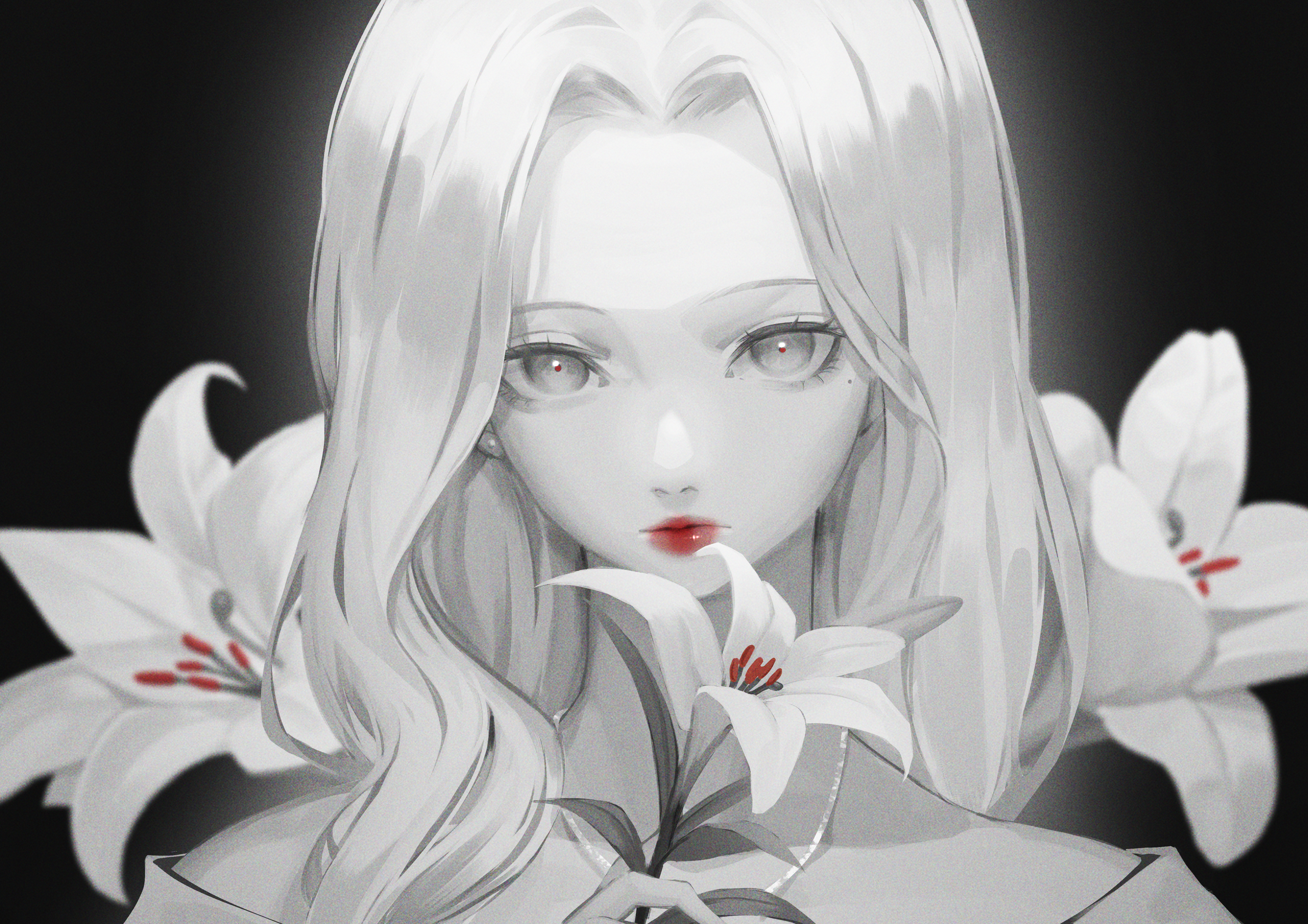 doloyume, original, absurdres, commentary request, highres, 1girl, curtained hair, earrings, flower, greyscale, hand up, holding, holding flower, jewelry, lipstick, looking at viewer, makeup, mole, mole under eye, monochrome, necklace, parted bangs, portrait, red lips, solo, spot color, straight-on, stud earrings