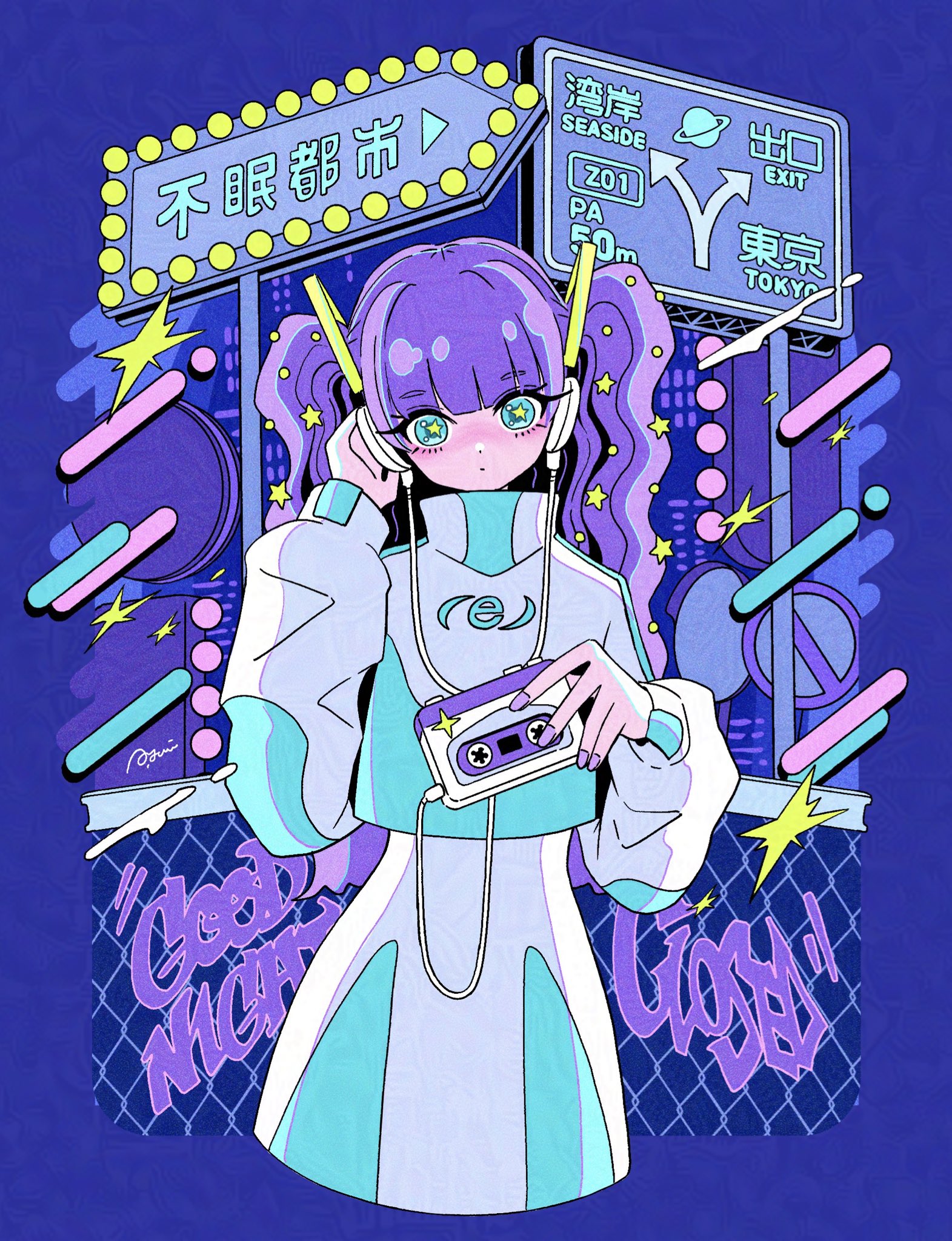 nakazawa ayami, original, adversarial noise, commentary, highres, 1girl, adjusting headphones, aqua eyes, arrow (symbol), blue background, blunt bangs, blush, cassette tape, chain-link fence, closed mouth, fence, hair between eyes, head tilt, headphones, high collar, holding cassette, jacket, long hair, looking at viewer, multicolored jacket, neon sign, purple hair, sign, solo, star (symbol), star in eye, symbol in eye, twintails, two-tone jacket, two-tone skirt