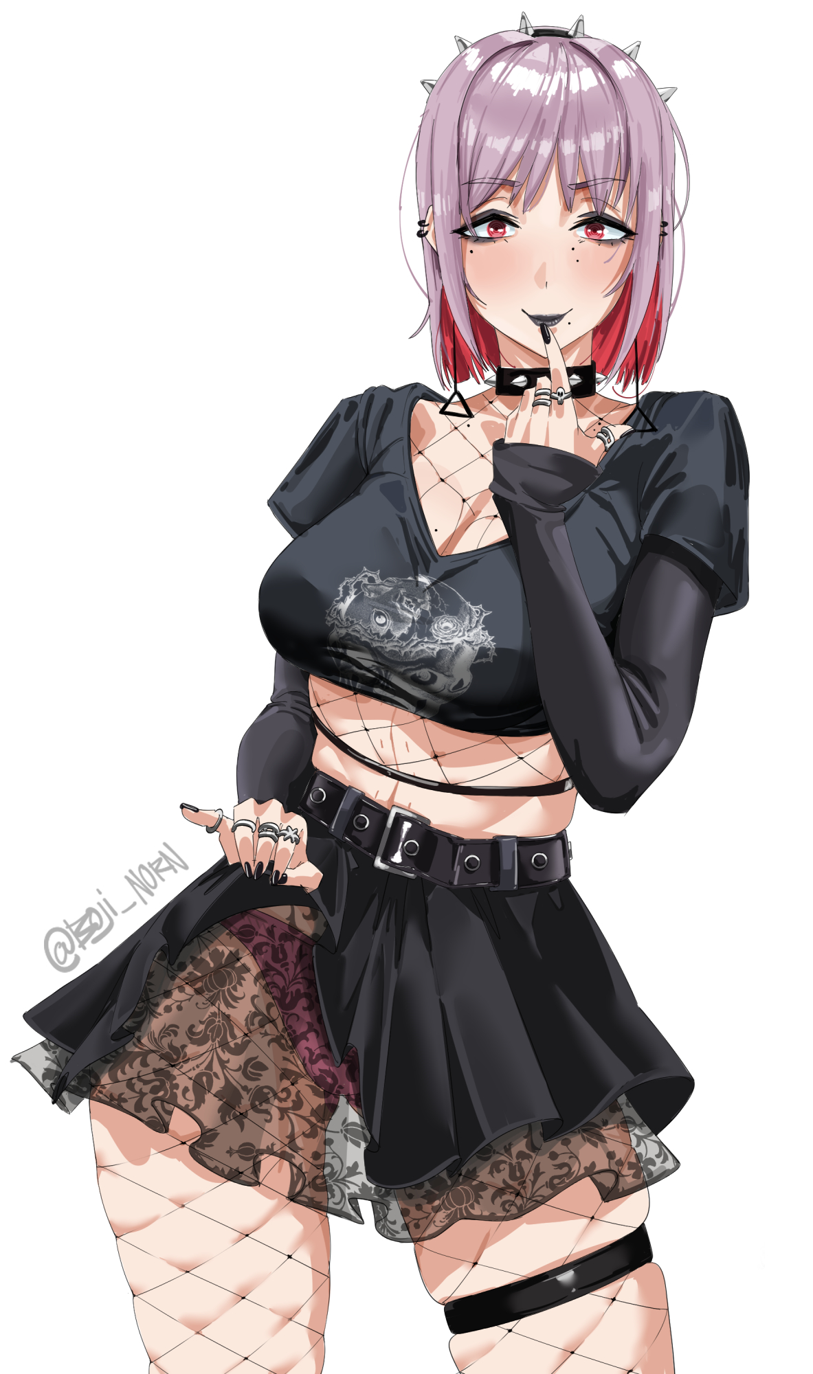 boji norn, fami (chainsaw man), chainsaw man, commentary, english commentary, highres, 1girl, alternate costume, belt, black belt, black lips, black nails, black shirt, black skirt, breasts, cleavage, clothes lift, collar, colored inner hair, crop top, earrings, fishnet pantyhose, fishnets, hairband, index finger raised, jewelry, large breasts, looking at viewer, multicolored hair, panties, pantyhose, pink eyes, pink hair, pink panties, purple hair, ring, shirt, short hair, simple background, skirt, skirt lift, solo, spiked collar, spiked hairband, spikes, thigh strap, underwear, white background