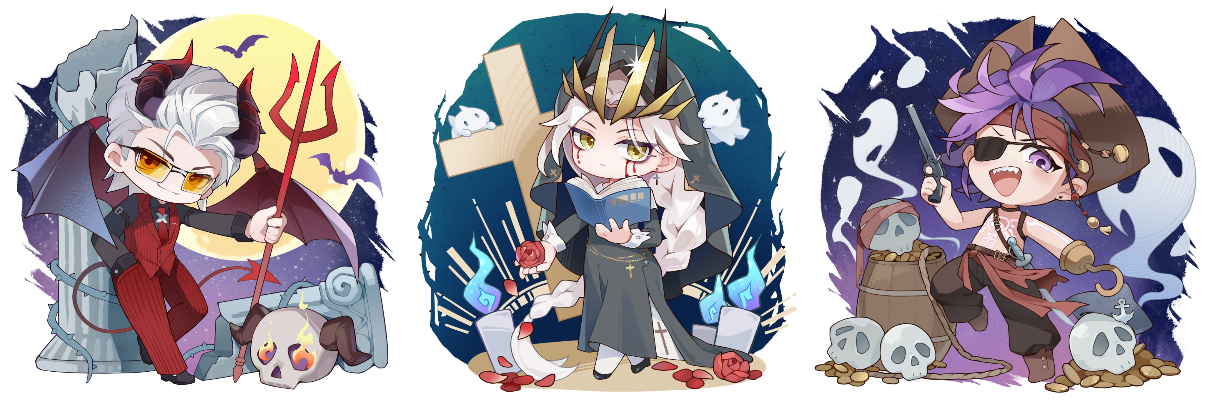 dragon boy (to be hero x), queen (to be hero x), x (to be hero x), to be hero, to be hero x, absurdres, chinese commentary, commentary request, highres, official art, promotional art, 1girl, 2boys, alternate costume, barrel, bat wings, black dress, black shirt, blood, bloody tears, blue fire, book, candle, chest tattoo, chibi, chibi only, cloak, coin, column, cross, crown, curtained hair, demon horns, demon tail, dress, eyepatch, fire, flower, ghost, glasses, grin, gun, hand in pocket, handgun, hat, holding, holding book, holding gun, holding weapon, hood, hood up, hooded cloak, hook hand, horns, looking at viewer, moon behind head, multiple boys, necktie, no shirt, orange-tinted eyewear, pillar, pirate hat, pitchfork, purple eyes, red necktie, red vest, rose, scabbard, sharp teeth, sheath, shirt, side slit, skull, sky, smile, smirk, standing, standing on one leg, star (sky), starry sky, tail, tattoo, teeth, tinted eyewear, vest, weapon, wings, x (symbol)
