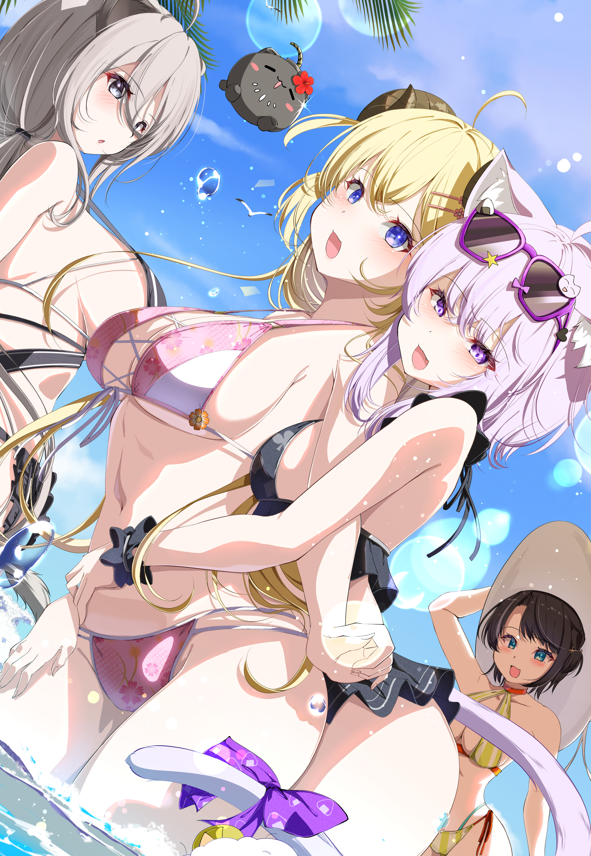 hiro (phese), nekomata okayu, oozora subaru, shishiro botan, ssrb (shishiro botan), tsunomaki watame, hololive, absurdres, highres, 4girls, ahoge, animal ears, bikini, bird, black bikini, blonde hair, blue eyes, blue sky, blush, breasts, cat ears, cat girl, cat tail, cleavage, cloud, eyewear on head, frilled bikini, frills, grey eyes, grey hair, hair ornament, hairpin, horns, hug, hug from behind, large breasts, lion ears, long hair, looking at viewer, medium hair, multiple girls, open mouth, palm tree, pink bikini, purple eyes, purple hair, seagull, sheep ears, sheep girl, sheep horns, sky, smile, sunglasses, swimsuit, tail, tree, very long hair, virtual youtuber, wading, water, yellow bikini