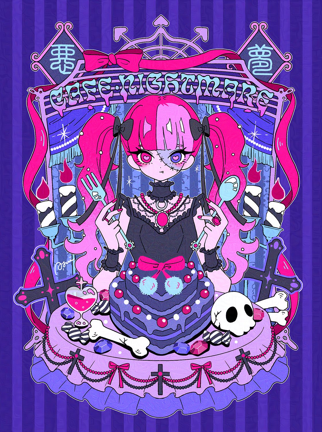nakazawa ayami, original, commentary, english commentary, highres, 1girl, black bow, black choker, black shirt, blunt bangs, bone, bow, cake, candle, choker, cross, food, fork, frilled choker, frills, gem, gradient hair, hair between eyes, hair bow, heart, heart-shaped pupils, heterochromia, holding, holding fork, holding spoon, jewelry, long hair, looking at viewer, multicolored hair, necklace, pink bow, pink hair, red nails, ring, shirt, skull, solo, spoon, straight-on, striped background, symbol-shaped pupils, tongue, tongue out, twintails, two-tone hair, upper body, vertical-striped background