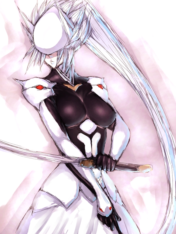 fumio (rsqkr), hakumen, arc system works, blazblue, blazblue: calamity trigger, gender request, 1girl, female focus, genderswap, katana, long hair, mask, ponytail, solo, sword, very long hair, weapon, white hair