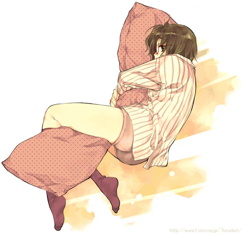 furudori yayoi, brown hair, feet, glasses, hug, hugging object, panties, pillow, pillow hug, short hair, socks, solo, underwear