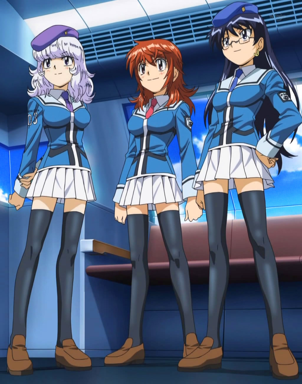 akashi kaoru, nogami aoi, sannomiya shiho, zettai karen children, anime screenshot, highres, stitched, third-party edit, 00s, 3girls, black hair, black thighhighs, blue hair, glasses, hat, long hair, multiple girls, red hair, short hair, skirt, thighhighs, zettai ryouiki