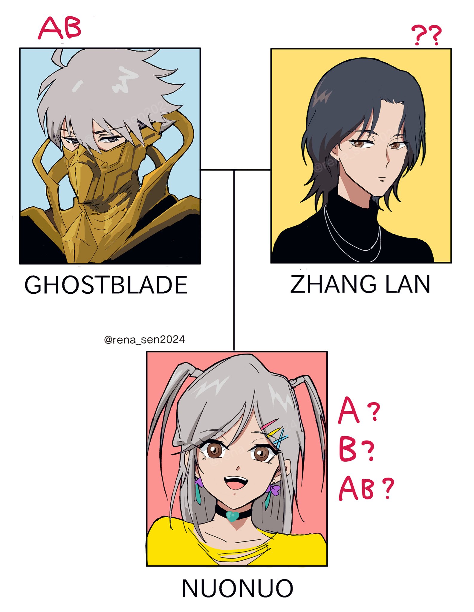 ghostblade (to be hero x), to be hero, to be hero x, highres, 1boy, 2girls, :d, black hair, black shirt, brown eyes, character name, collar, crew neck, earrings, family tree, jewelry, mask, mouth mask, multiple girls, multiple hair clips, necklace, open mouth, parent and child, portrait, rena sen2024, shirt, short hair, smile, two side up, wang nuonuo, white hair, yellow shirt, zhang lan