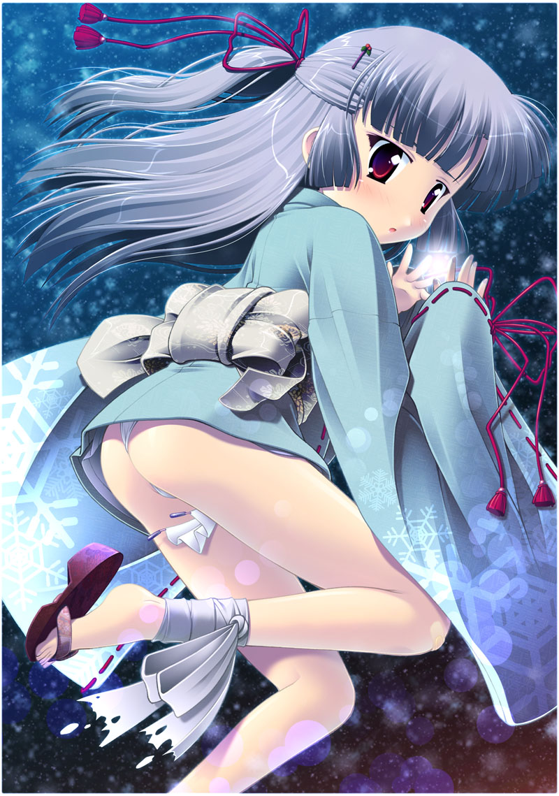 simk, yamabuki zarame, 1girl, ass, blush, female focus, japanese clothes, kimono, long hair, purple hair, red eyes, sandals, solo