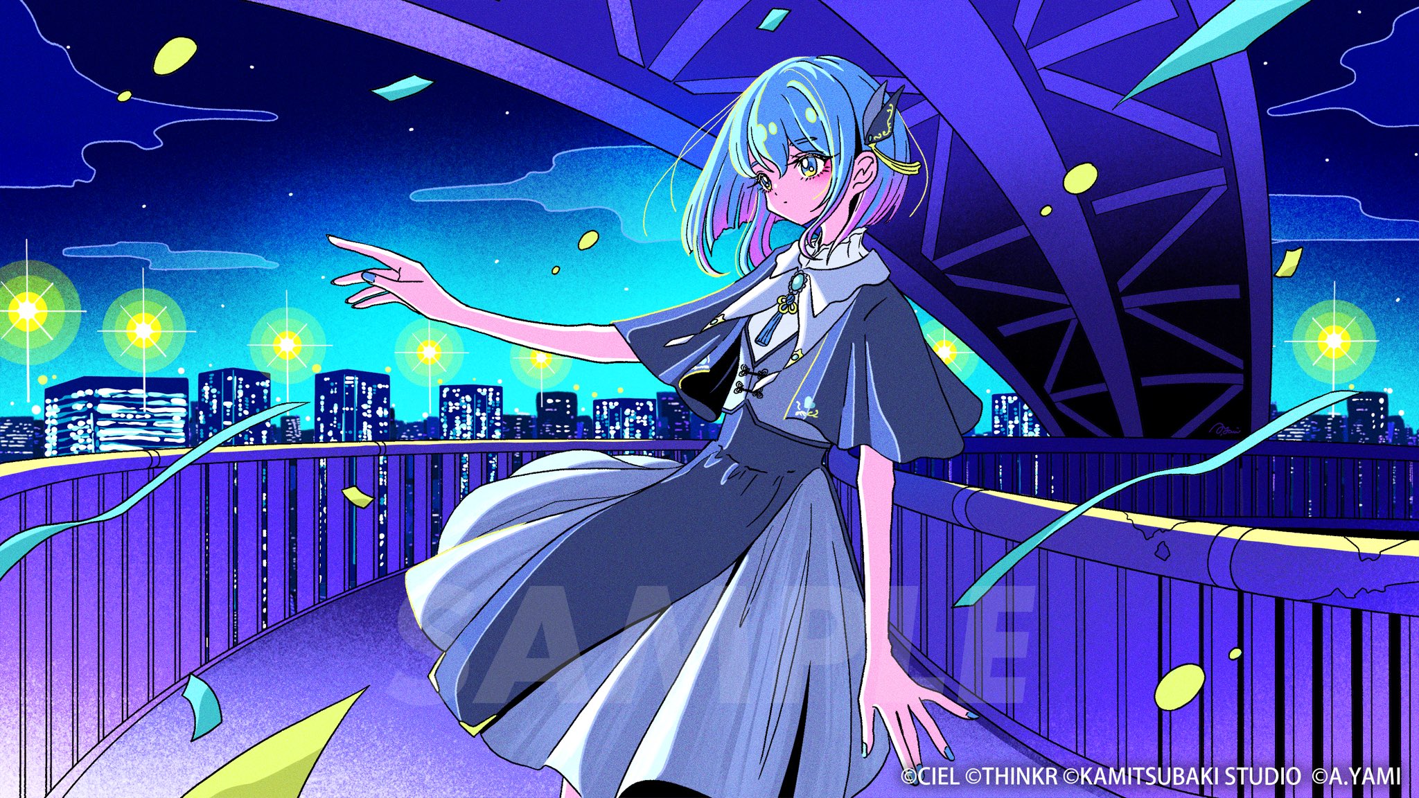 nakazawa ayami, ciel (kamitsubaki studio), kamitsubaki studio, commentary, highres, 1girl, blue eyes, blue hair, blue nails, brooch, capelet, cityscape, closed mouth, confetti, gradient hair, gradient sky, grey capelet, grey skirt, hair between eyes, hair ornament, high collar, jewelry, looking ahead, loose hair strand, multicolored hair, night, night sky, outdoors, outstretched arm, railing, short hair, skirt, sky, skyline, solo, streamers, tassel, virtual youtuber