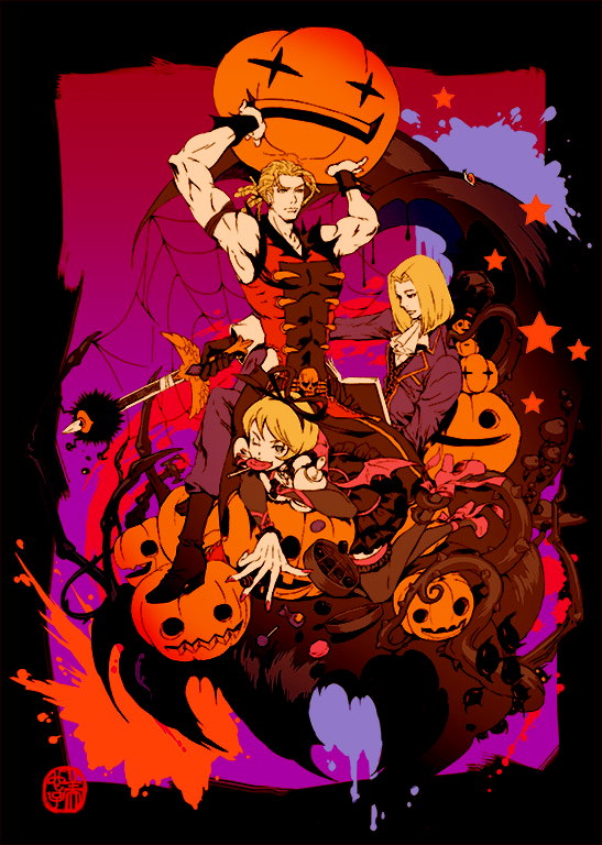 katou miyako, hildegard valentine, joachim valentine, keith valentine, shadow hearts, shadow hearts from the new world, shadow hearts ii, 1girl, 2boys, black thighhighs, blonde hair, blue eyes, candy, closed mouth, family, food, frilled thighhighs, frills, garter straps, gothic lolita, halloween, jack-o'-lantern, lolita fashion, lollipop, looking at viewer, multiple boys, one eye closed, pumpkin, ribbon, short hair, silk, spider web, swirl lollipop, thighhighs, vampire