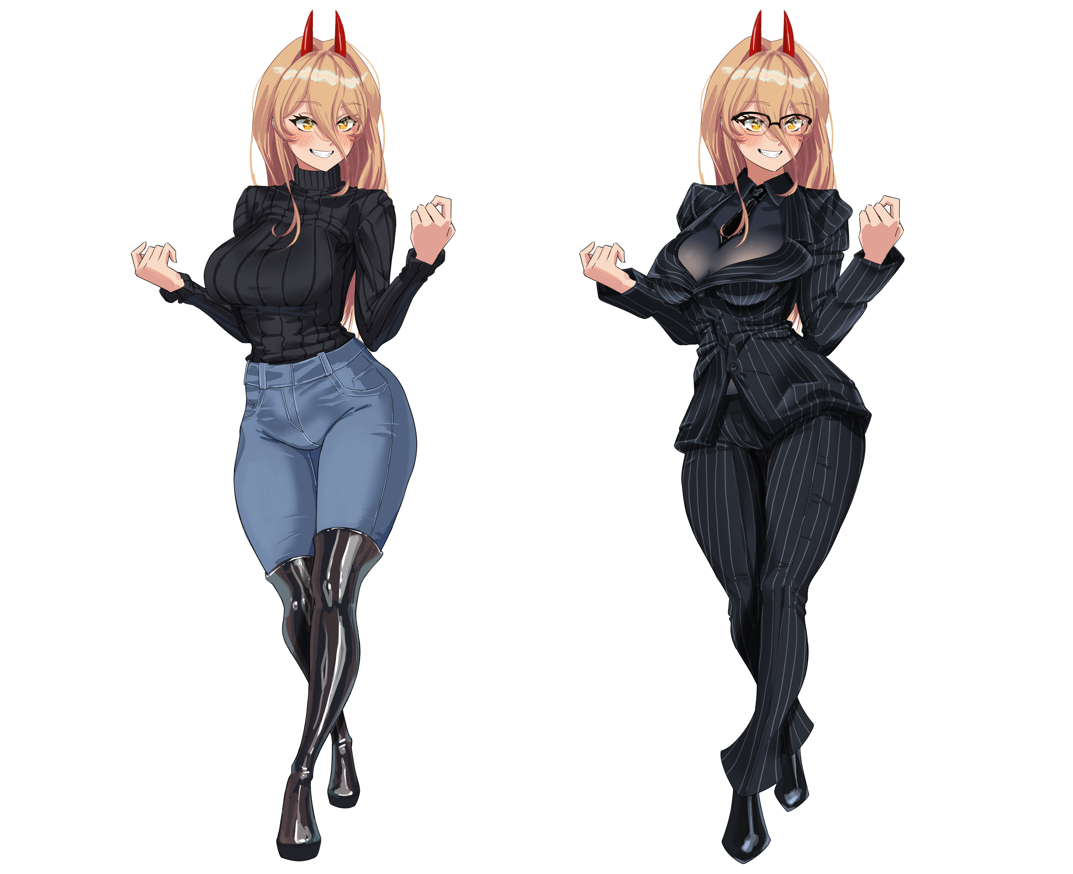 boji norn, power (chainsaw man), chainsaw man, absurdres, highres, 1girl, black jacket, black pants, black suit, black sweater, blonde hair, blue pants, boots, breasts, demon girl, demon horns, denim, formal clothes, glasses, grin, hair between eyes, horns, jacket, jeans, large breasts, long hair, long hair between eyes, multiple views, pant suit, pants, pinstripe jacket, pinstripe pants, pinstripe pattern, red horns, simple background, smile, striped clothes, striped jacket, suit, suit jacket, sweater, sweater tucked in, teeth, thigh boots, turtleneck, turtleneck sweater, white background, yellow eyes