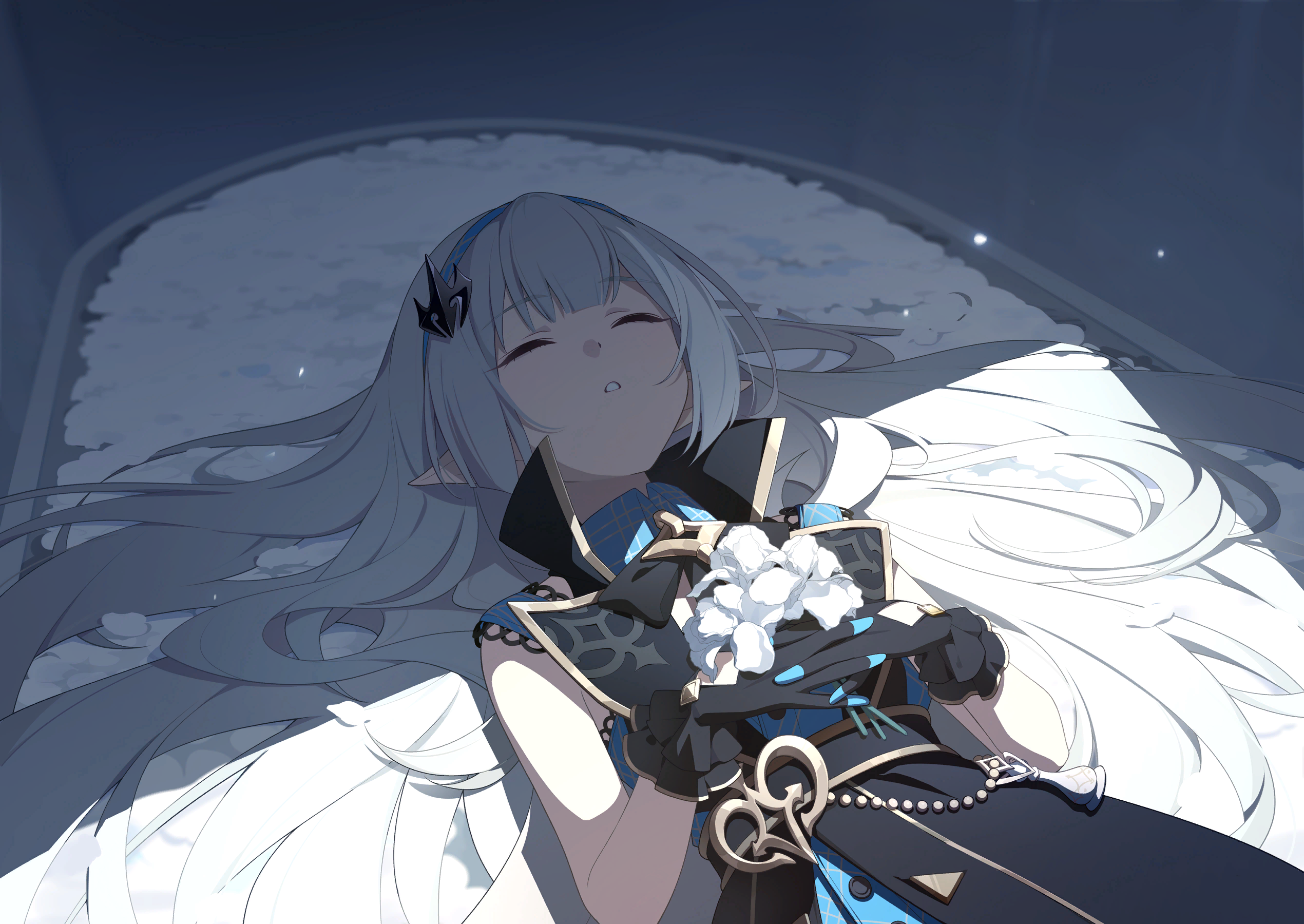 female tyrant (stella sora), stella sora, game cg, highres, non-web source, official art, 1girl, black gloves, blue dress, blue hairband, cowboy shot, double-parted bangs, dress, frilled gloves, frills, gloves, grey hair, hairband, interlocked fingers, long hair, lying, on back, parted lips, pointy ears, sidelocks, sleeveless, sleeveless dress, solo, tyrant (stella sora)