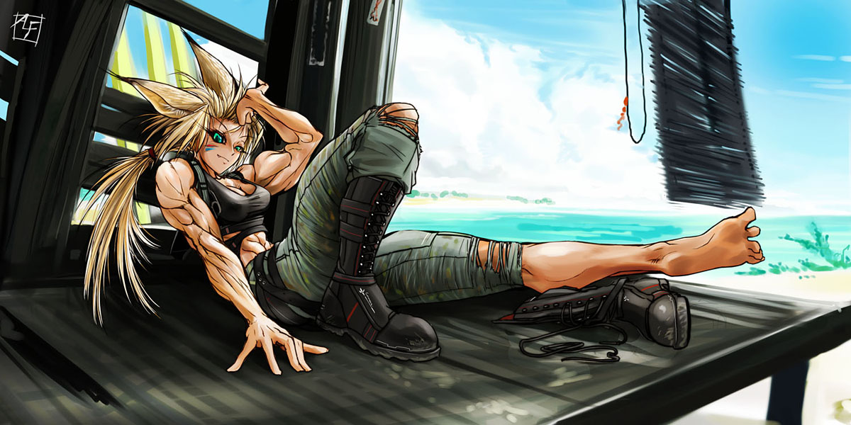alf874, 1girl, animal ears, barefoot, beach, blonde hair, boots, breasts, cloud, day, fang, feet, female focus, green eyes, large breasts, muscular, outdoors, ponytail, shoes, single shoe, sky, smile, solo
