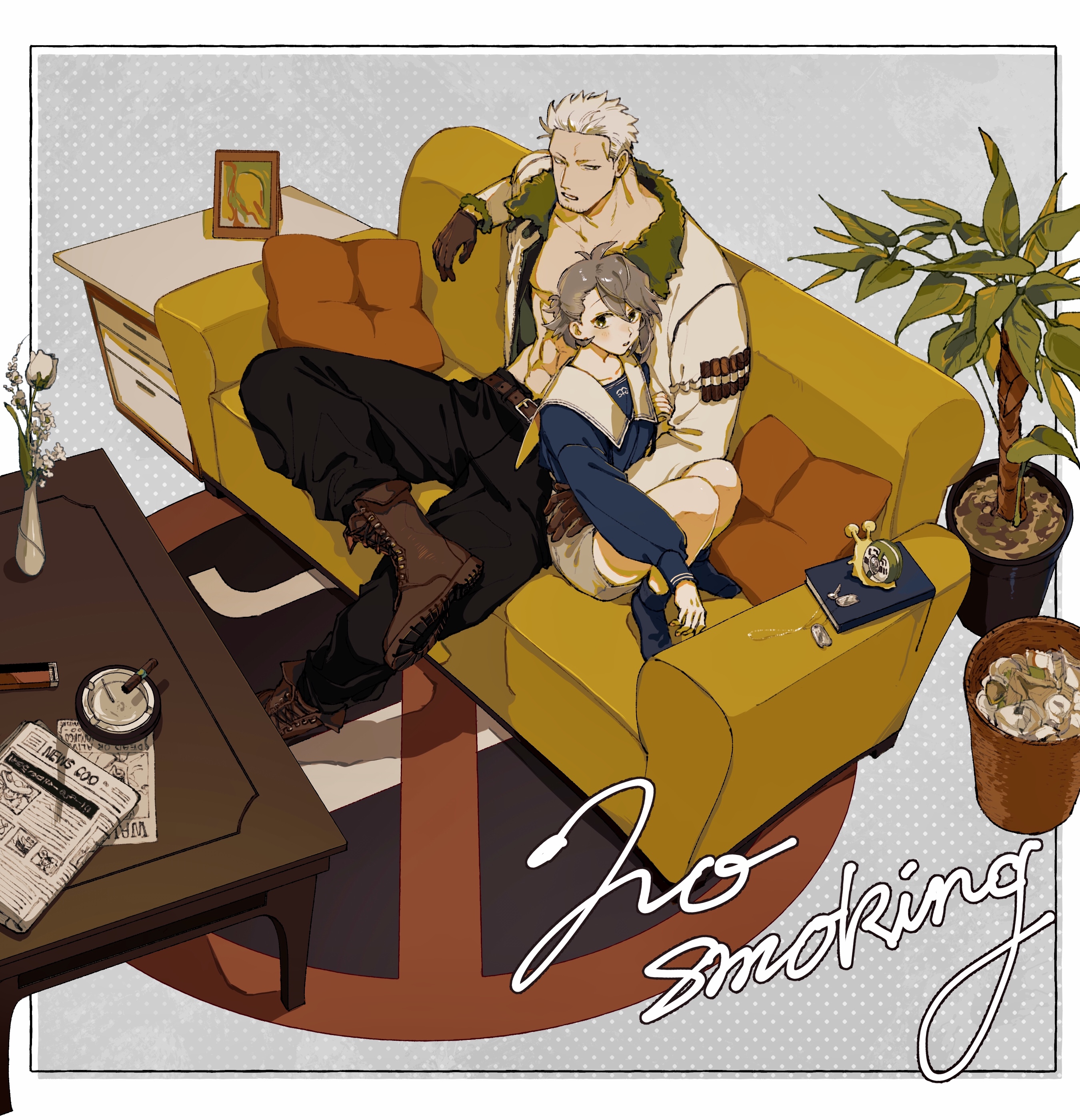 kabane (rjev8385), smoker (one piece), one piece, original, absurdres, commentary request, highres, 1boy, 1girl, abs, alarm clock, antenna hair, ashtray, asymmetrical bangs, belt, black pants, black socks, blue shirt, blush, book, boots, brown belt, brown boots, brown gloves, cigar, clock, coffee table, collarbone, couch, cushion, facial hair, figure four sitting, flower, fold-over boots, folded ponytail, fur-trimmed jacket, fur trim, gloves, goatee stubble, grey eyes, grey hair, grey skirt, hair between eyes, hand around waist, jacket, lighter, long sleeves, looking at another, looking at viewer, muscular, muscular male, newspaper, no shirt, no smoking, oc x canon, on couch, open clothes, open jacket, pants, parted lips, picture frame, plant, potted plant, rug, sailor collar, scar, scar on face, scar on forehead, shirt, short hair, sitting, skirt, socks, stubble, table, trash can, tree, vase, white flower, white hair, white jacket, white sailor collar, wooden table