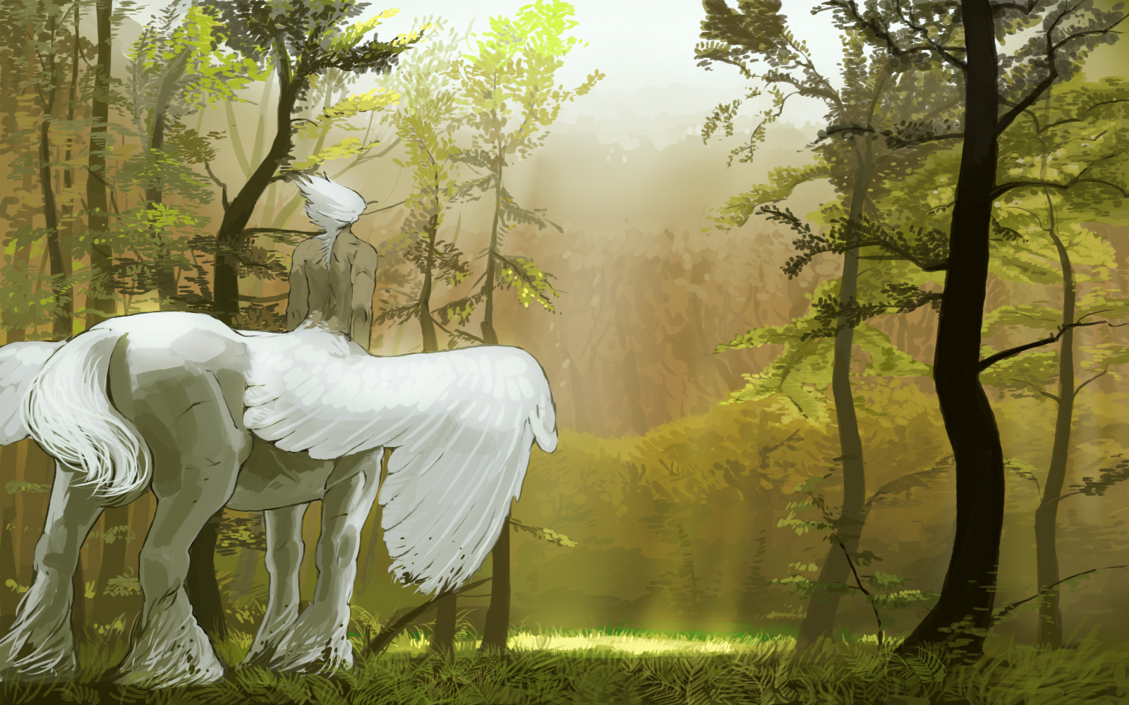 frostheim, furumi showichi, bad id, bad pixiv id, highres, 1boy, centaur, forest, grass, monster boy, nature, outdoors, pegasus, pegataur, scenery, taur, tree, white hair, wings