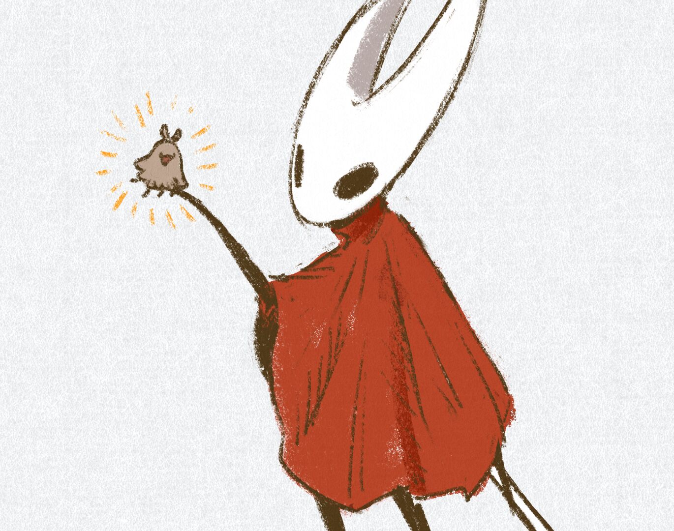 ooexist, flea (hollow knight), hornet (hollow knight), hollow knight, hollow knight: silksong, 1girl, alternate size, arthropod girl, black skin, cloak, colored skin, fluffy, full body, hollow eyes, horned mask, mask, no humans, red cloak, simple background, standing, white background, white mask