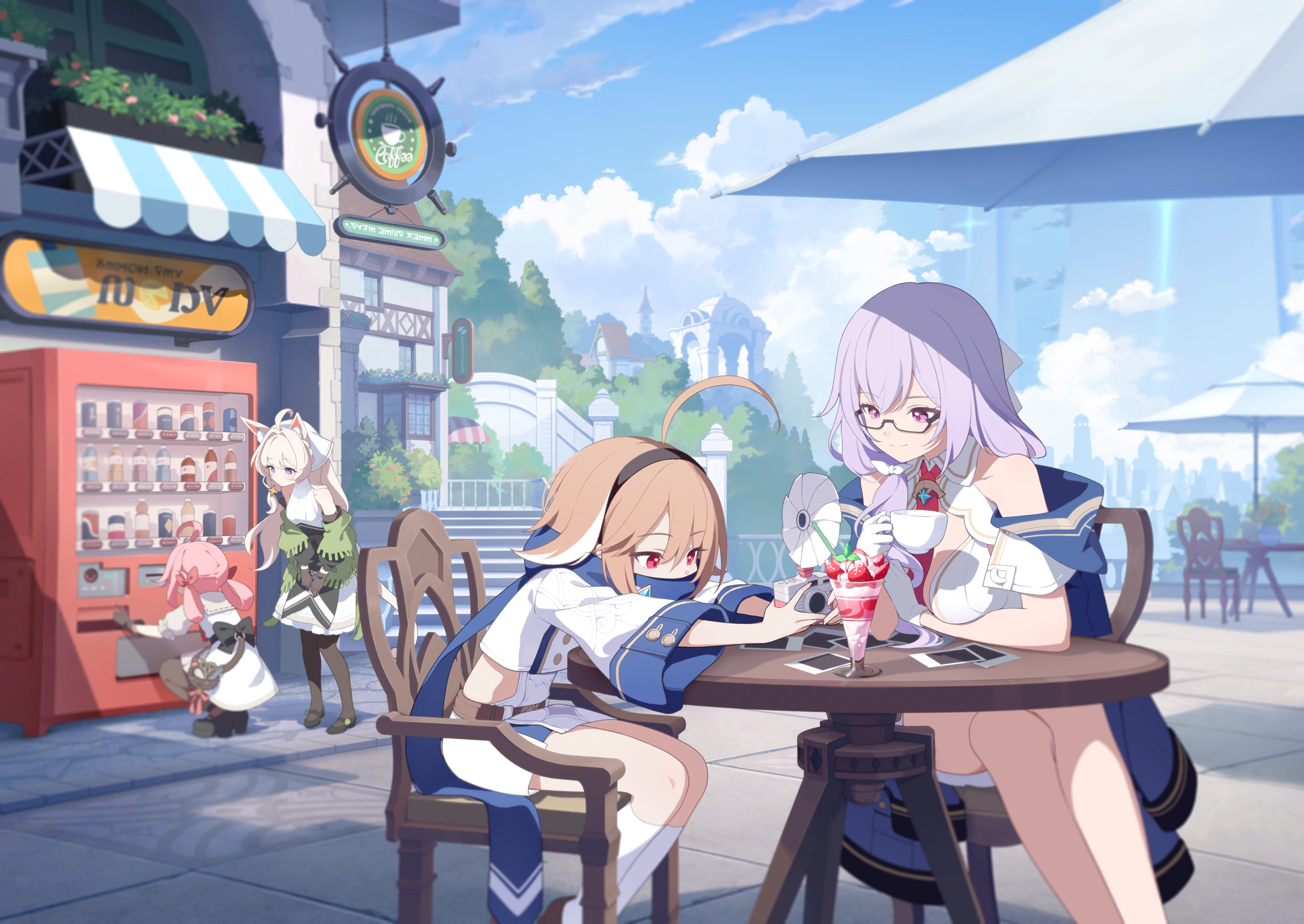canace (stella sora), stella sora, character request, game cg, highres, non-web source, official art, 4girls, ahoge, bare shoulders, between breasts, black-framed eyewear, blue jacket, breasts, brown hair, camera, crossed legs, dress, food, glasses, grey hair, hair rings, holding, holding camera, jacket, large breasts, leaning forward, looking at another, miniskirt, monolith (object), multiple girls, necktie, necktie between breasts, outdoors, parfait, pink hair, purple eyes, purple hair, red necktie, semi-rimless eyewear, sitting, skirt, sleeveless, sleeveless dress, squatting, standing, strawberry parfait, taking picture, under-rim eyewear, vending machine, white dress, white skirt