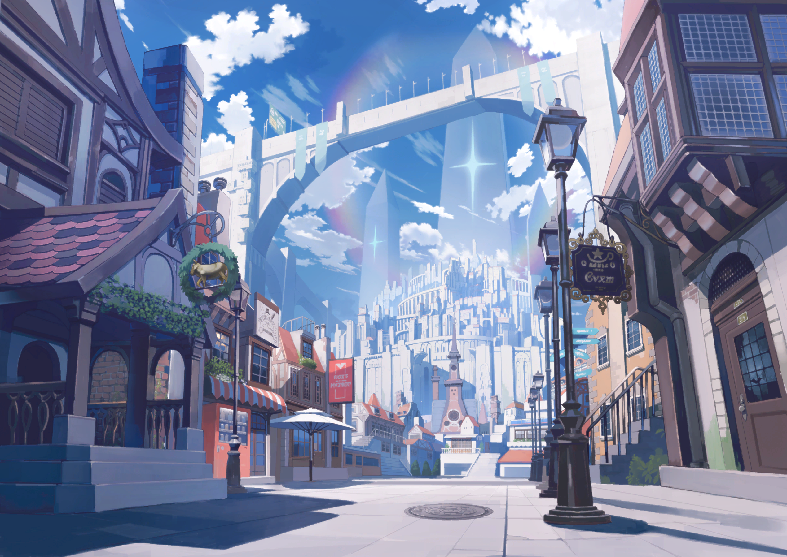 stella sora, game cg, highres, non-web source, official art, blue sky, bridge, city, cloud, english text, european architecture, lamppost, monolith (object), no humans, outdoors, scenery, sign, sky, vending machine