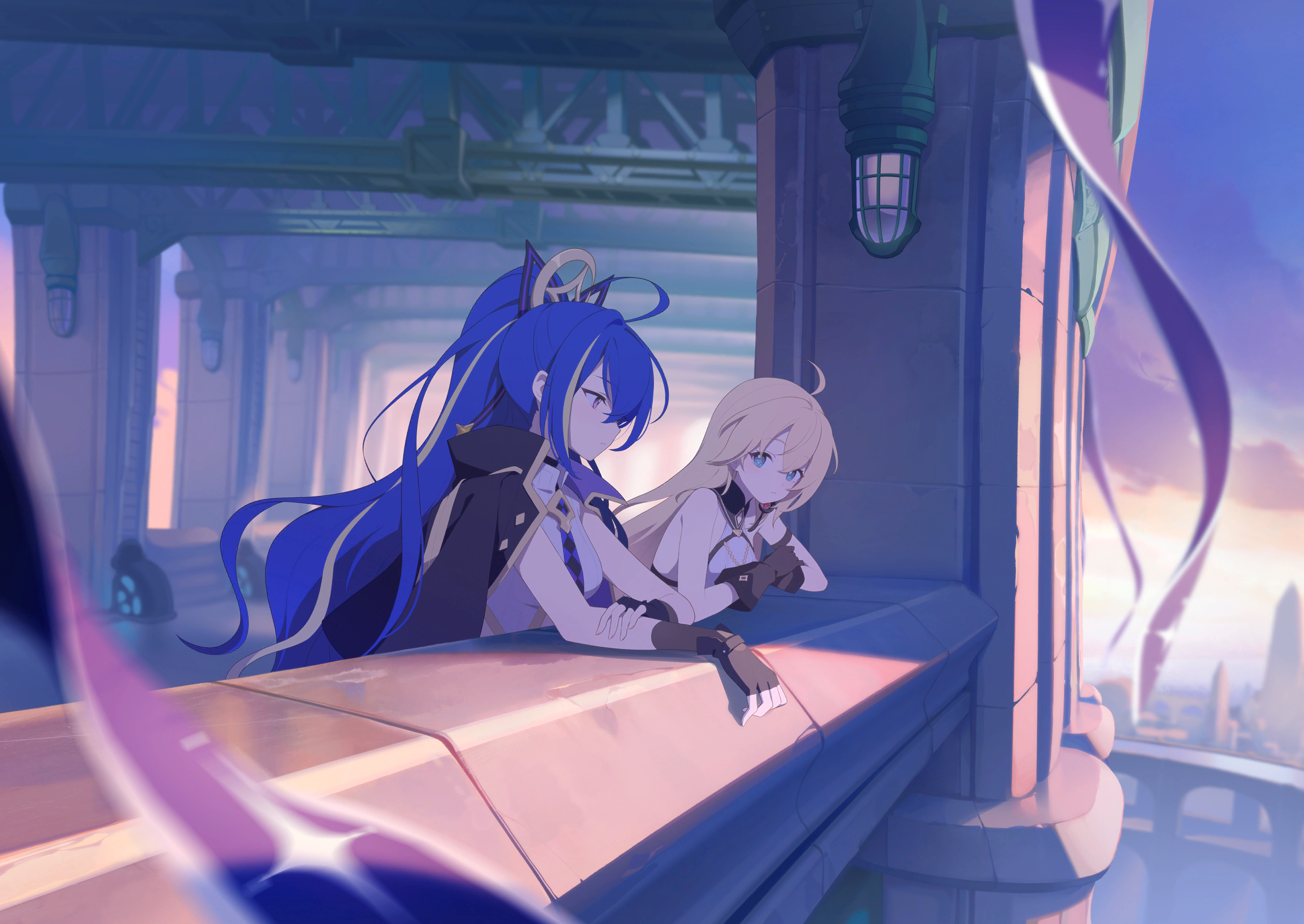 minova (stella sora), noya (stella sora), stella sora, game cg, highres, non-web source, official art, 2girls, ahoge, bare shoulders, black gloves, black jacket, blonde hair, blue eyes, blue hair, blue necktie, crop top, cropped shirt, fingerless gloves, gloves, high ponytail, jacket, jacket on shoulders, long hair, looking at another, multicolored hair, multiple girls, necktie, outdoors, ponytail, purple eyes, shirt, sleeveless, sleeveless shirt, streaked hair, white shirt