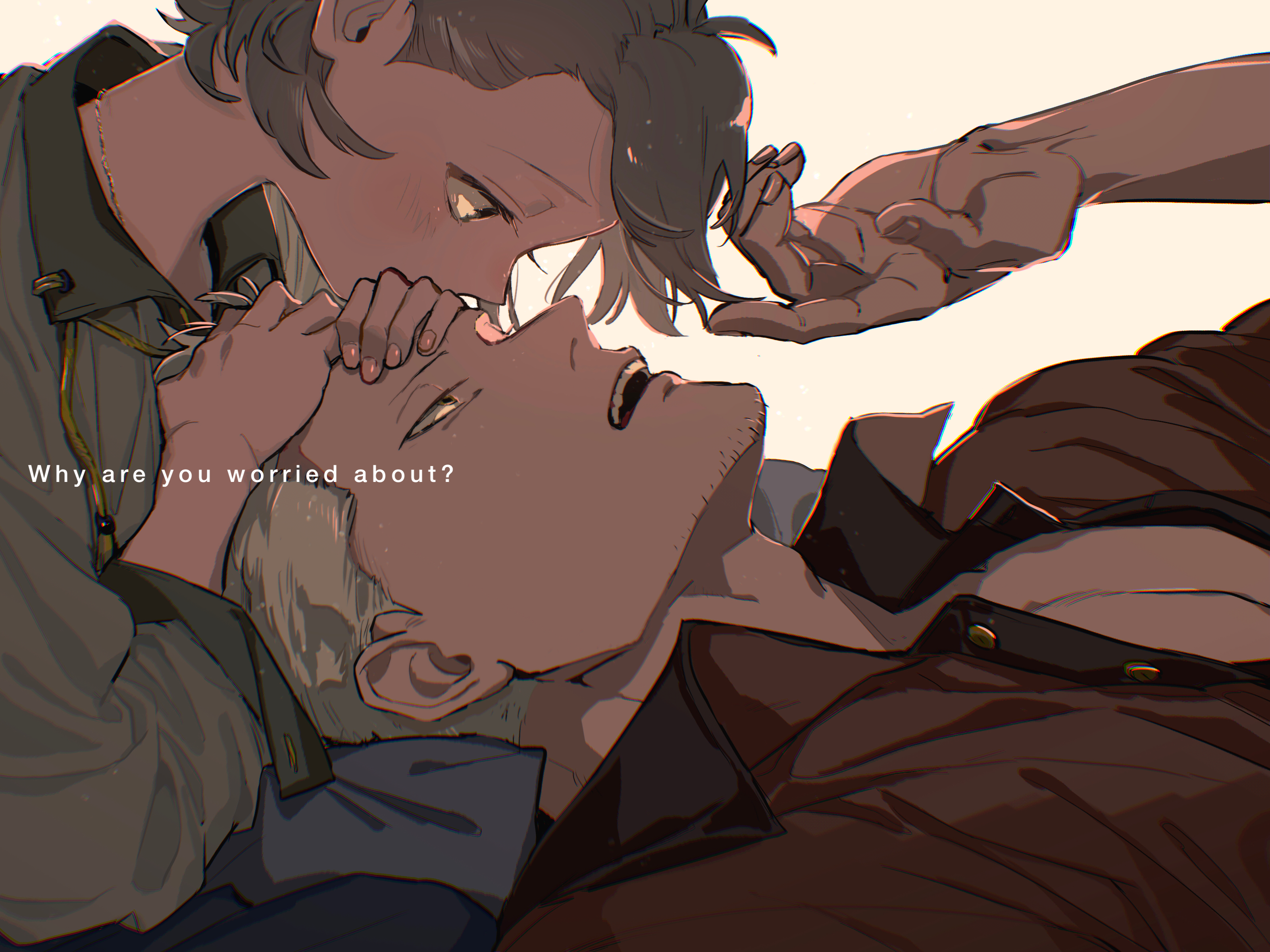 kabane (rjev8385), smoker (one piece), one piece, original, absurdres, commentary request, highres, 1boy, 1girl, buttons, collared shirt, couple, eye contact, facial hair, goatee stubble, grey background, grey eyes, grey hair, grey shirt, hand on another's forehead, hands on another's head, hetero, long sleeves, looking at another, lying, narrowed eyes, oc x canon, on back, open clothes, open shirt, playing with another's hair, profile, red shirt, shirt, short hair, simple background, stubble, teeth, upper teeth only, wing collar, yellow eyes