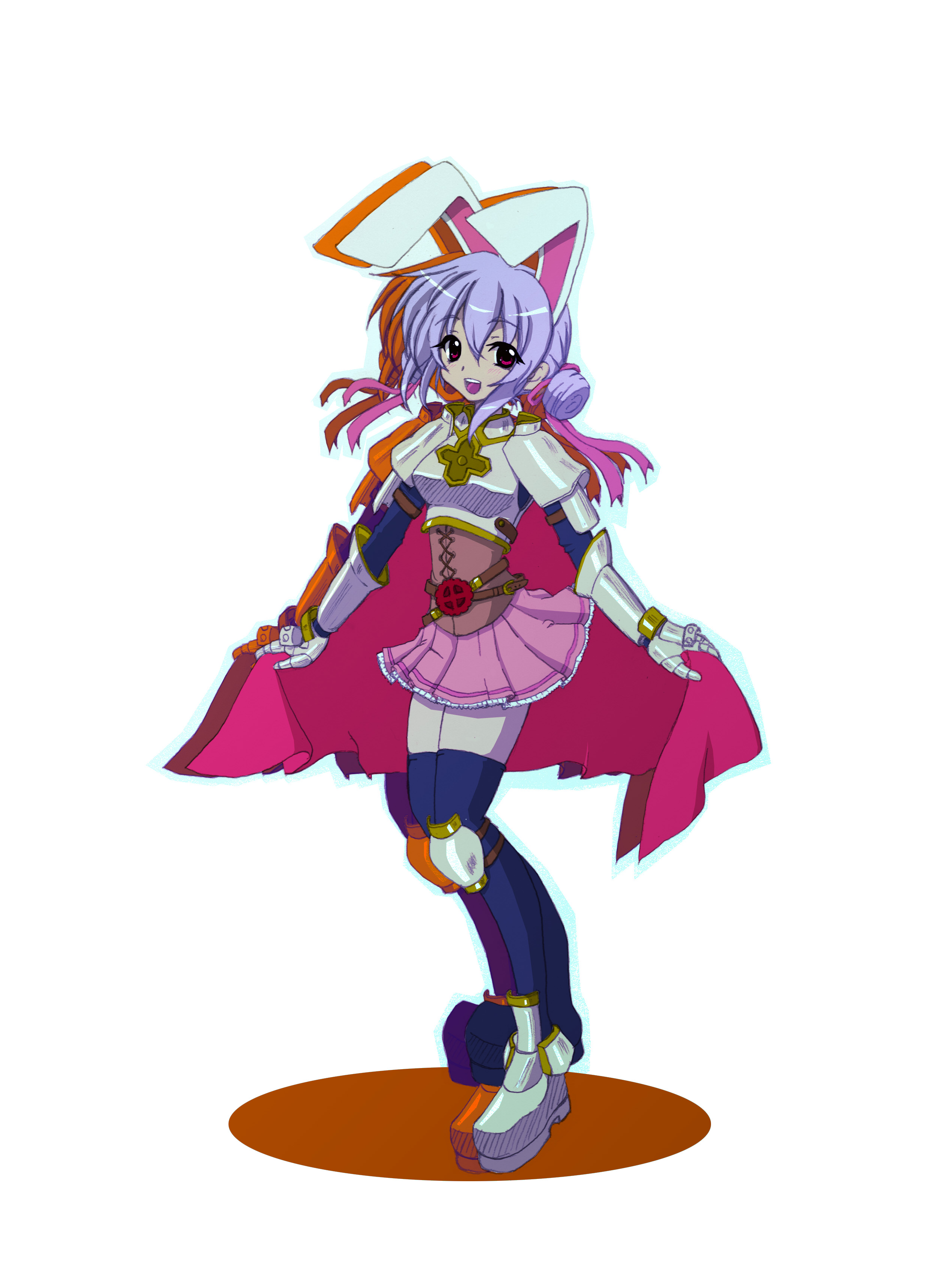 ykakuno, lord knight (ragnarok online), ragnarok online, absurdres, commentary request, highres, 1girl, afterimage, animal ears, armor, armored boots, belt, black thighhighs, boots, breastplate, brown belt, cape, cape hold, cross of prontera, double bun, full body, gauntlets, hair bun, looking at viewer, miniskirt, open mouth, pauldrons, pink skirt, purple hair, rabbit ears, red cape, red eyes, short hair, shoulder armor, simple background, skirt, smile, solo, thighhighs, white background